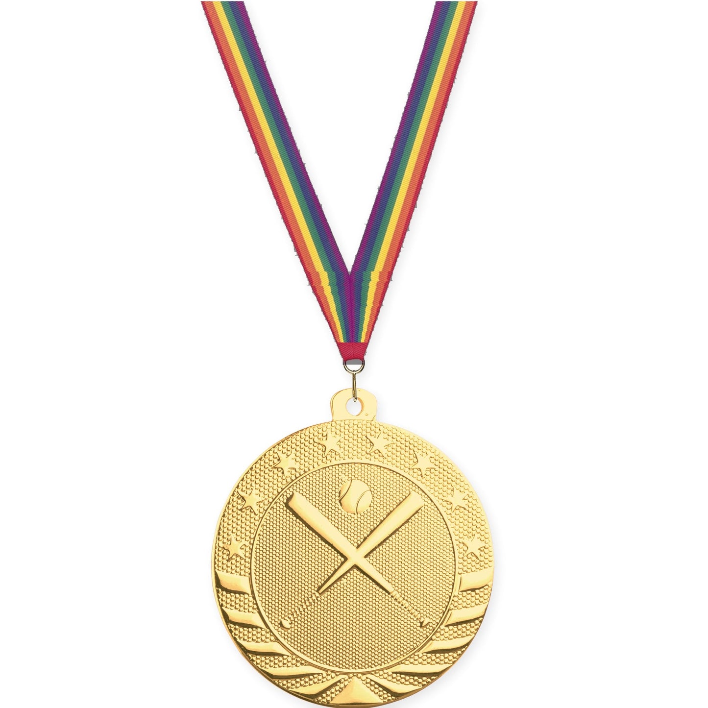 2 inch baseball and softball Starbrite medal in bright gold with Rainbow neck ribbon