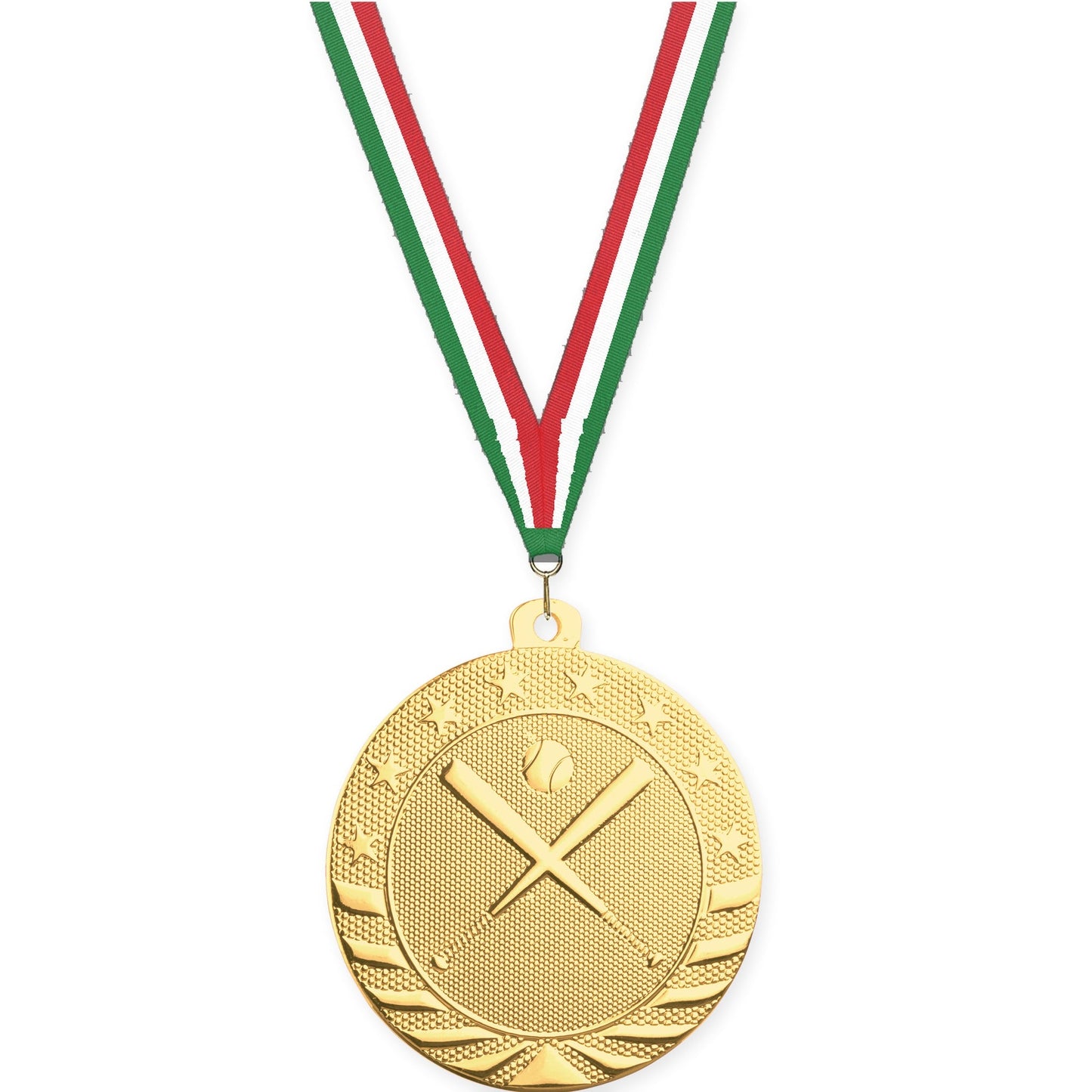 2 inch baseball and softball Starbrite medal in bright gold with Green White Red neck ribbon
