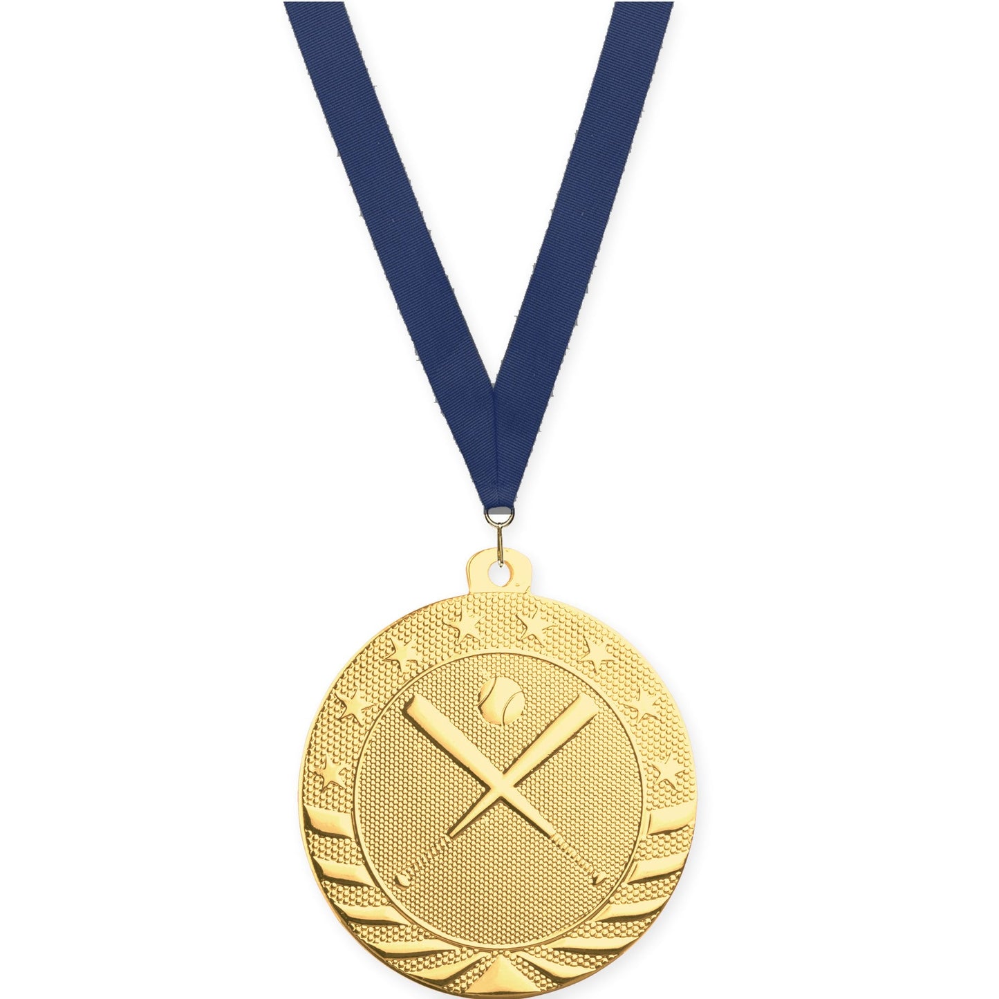 2 inch baseball and softball Starbrite medal in bright gold with Navy neck ribbon