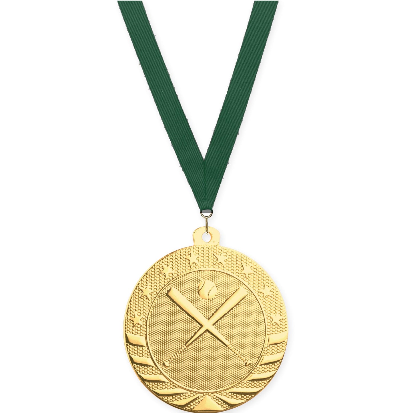 2 inch baseball and softball Starbrite medal in bright gold with Hunter Green neck ribbon