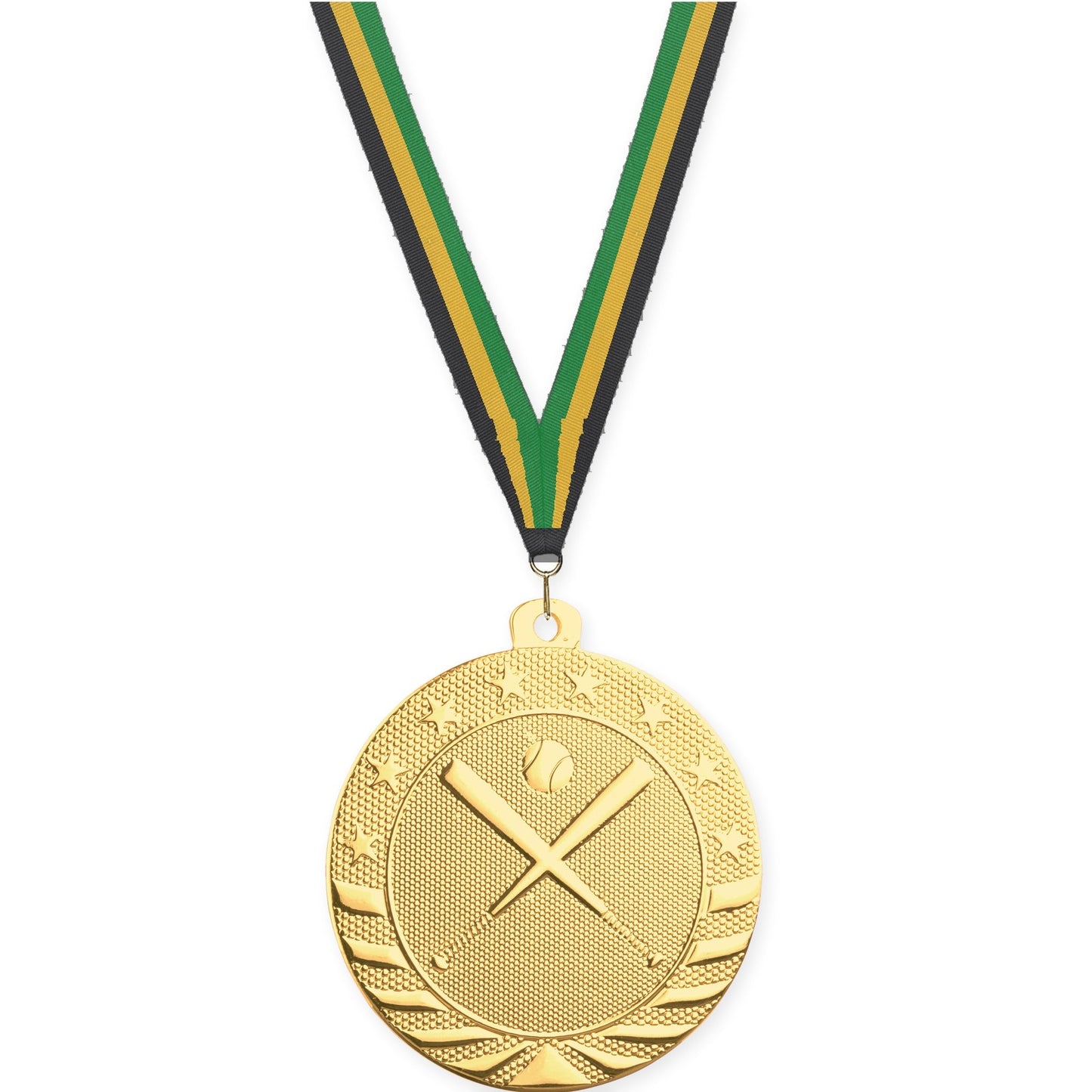 2 inch baseball and softball Starbrite medal in bright gold with Black Gold Green neck ribbon