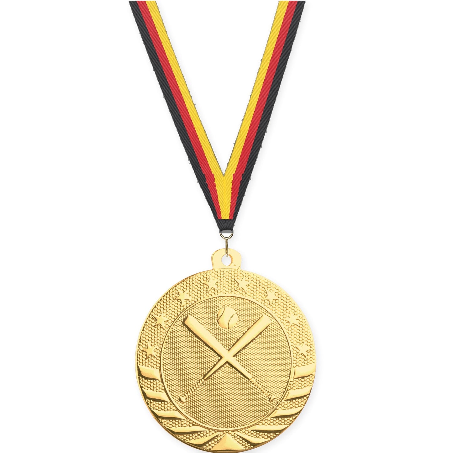 2 inch baseball and softball Starbrite medal in bright gold with Black Red Yellow neck ribbon