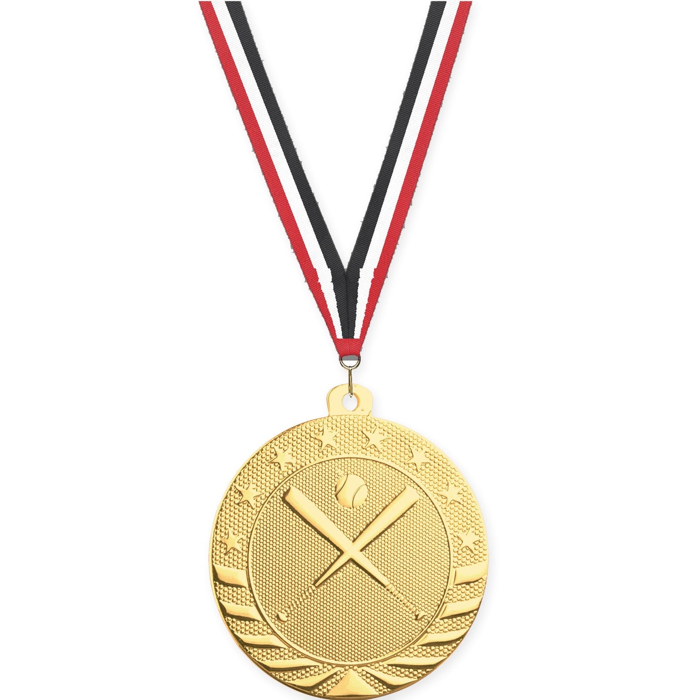2 inch baseball and softball Starbrite medal in bright gold with Red White Black neck ribbon