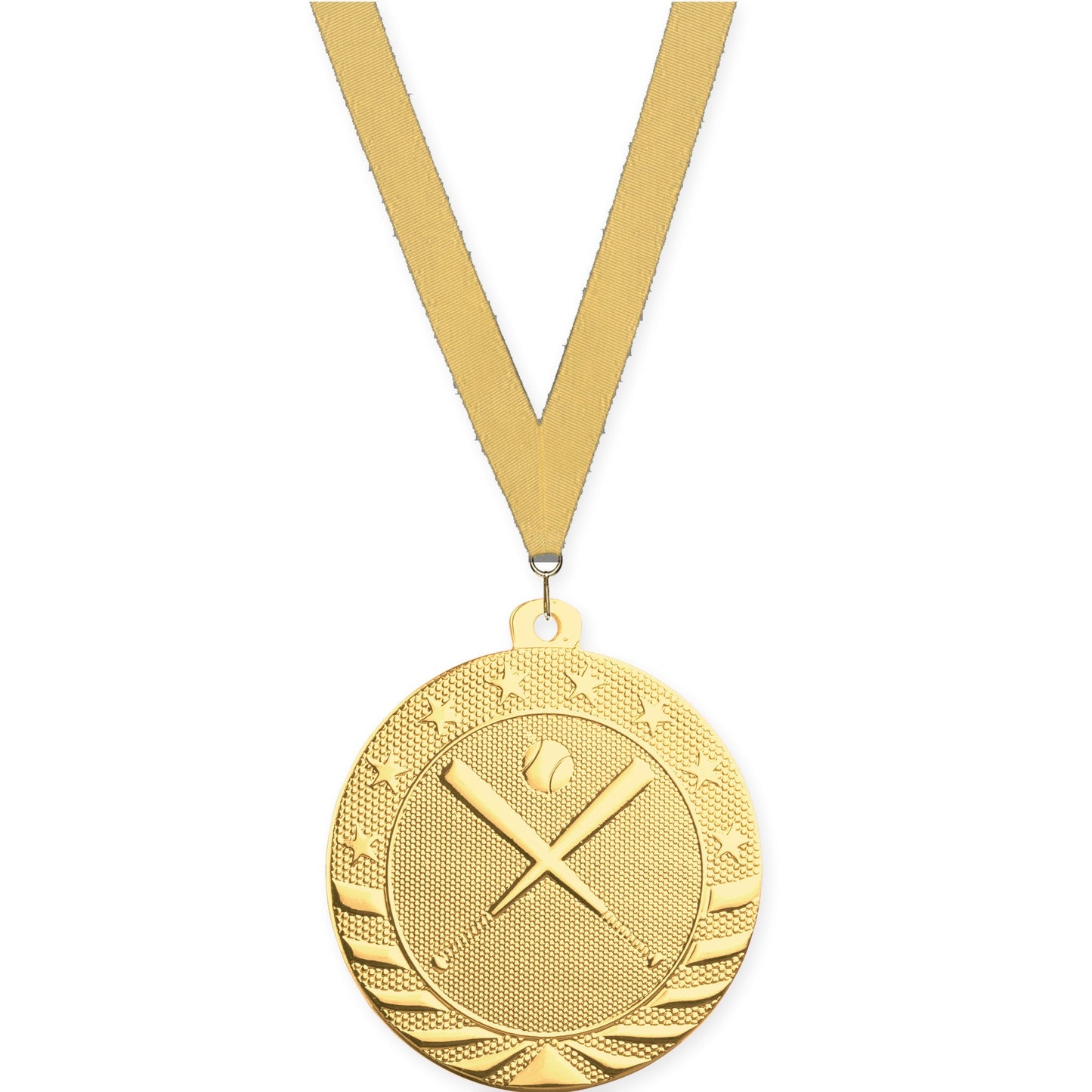 2 inch baseball and softball Starbrite medal in bright gold with Gold Metallic neck ribbon