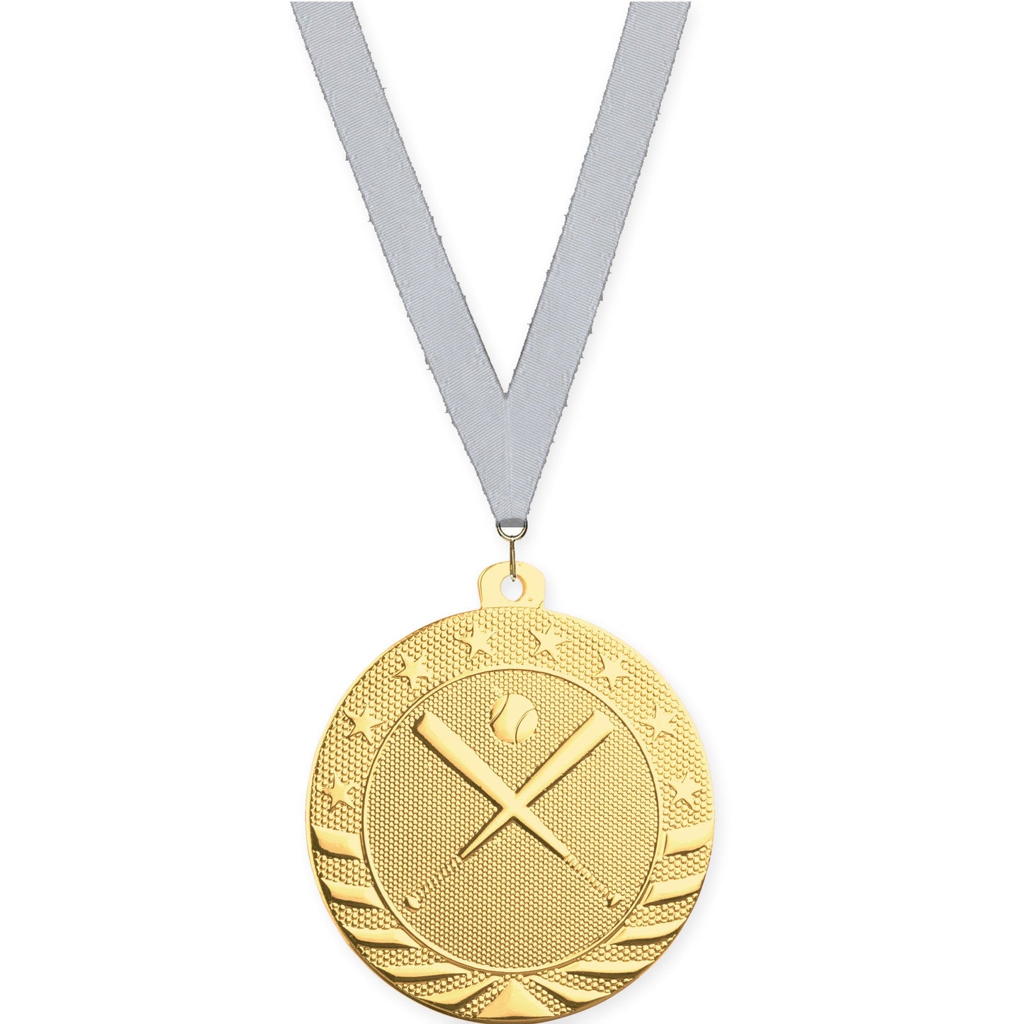 2 inch baseball and softball Starbrite medal in bright gold with Silver Metallic neck ribbon