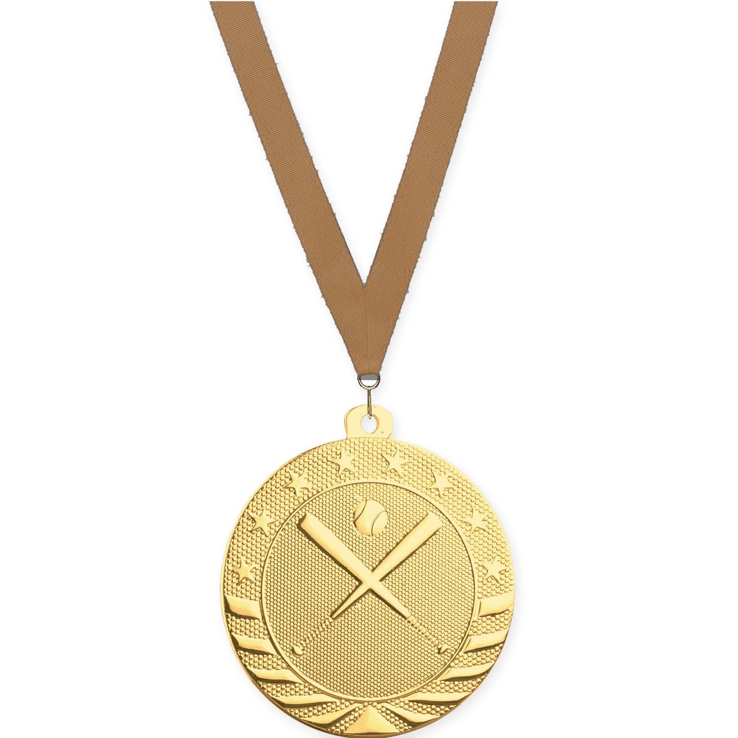 2 inch baseball and softball Starbrite medal in bright gold with Bronze Metallic neck ribbon