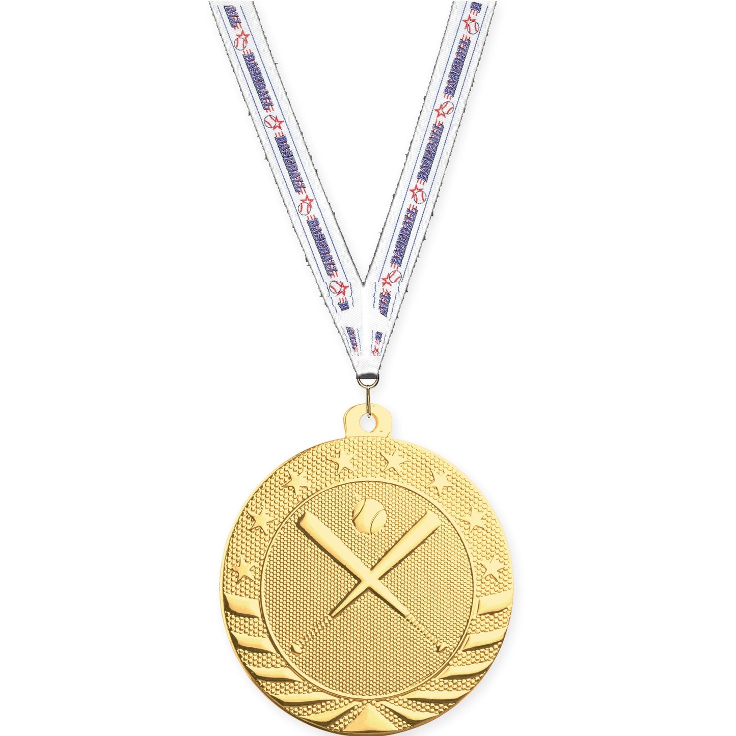 2 inch baseball and softball Starbrite medal in bright gold with Baseball neck ribbon