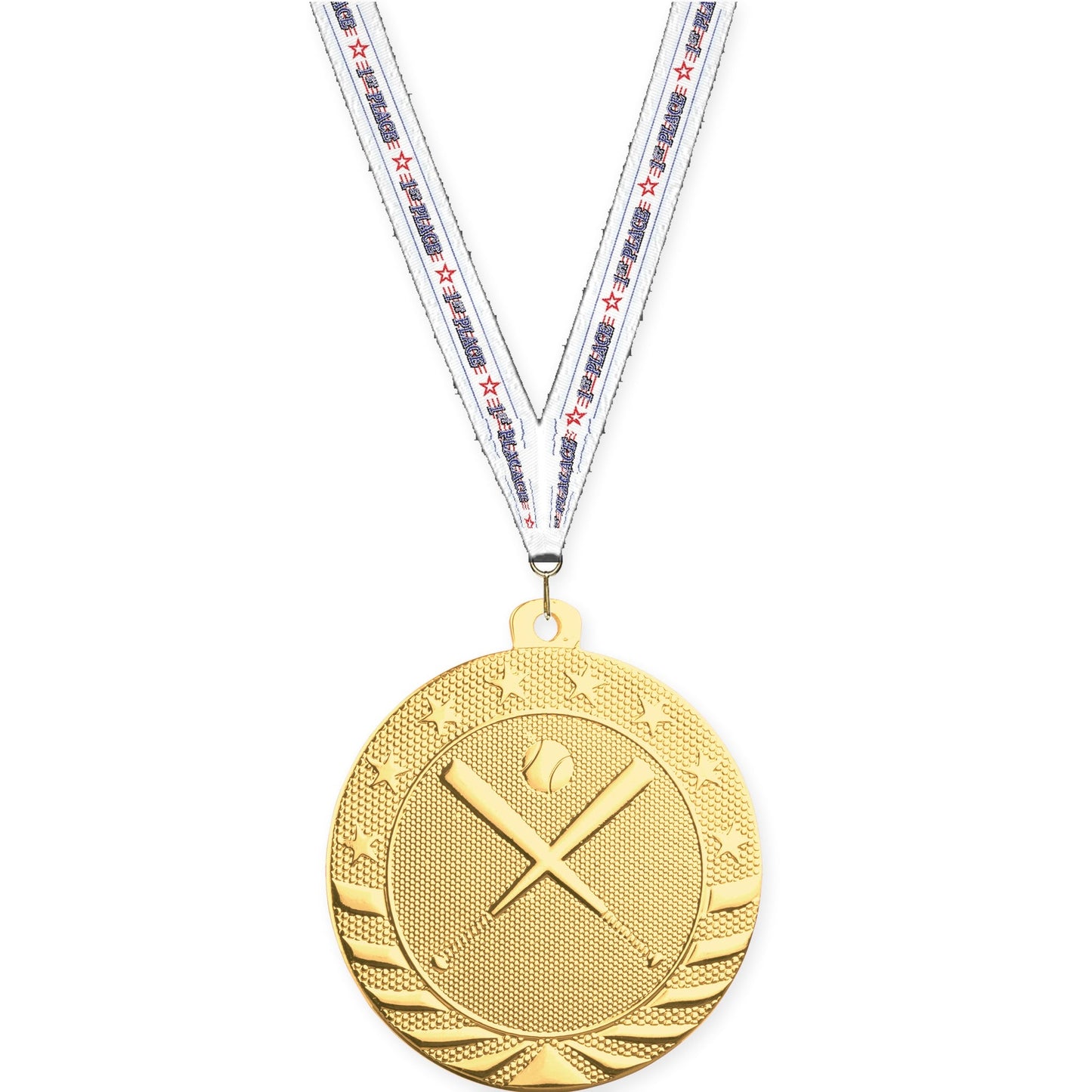 2 inch baseball and softball Starbrite medal in bright gold with 1st Place neck ribbon