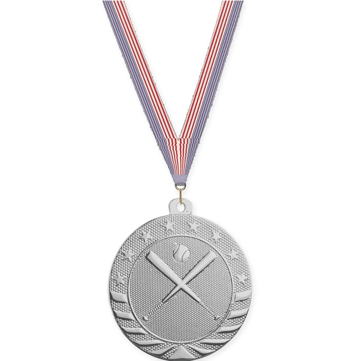 2 inch baseball and softball Starbrite medal in bright silver with USA Flag neck ribbon