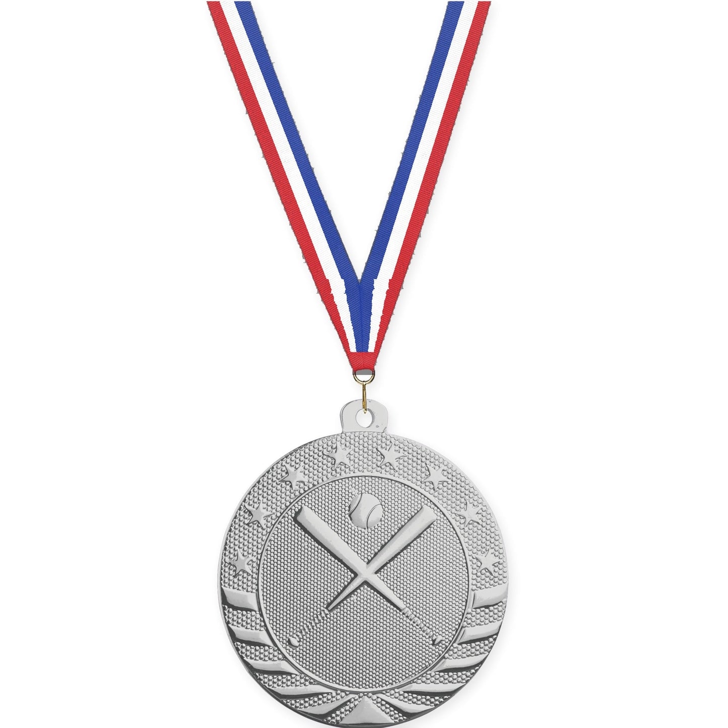 2 inch baseball and softball Starbrite medal in bright silver with Red White Blue neck ribbon