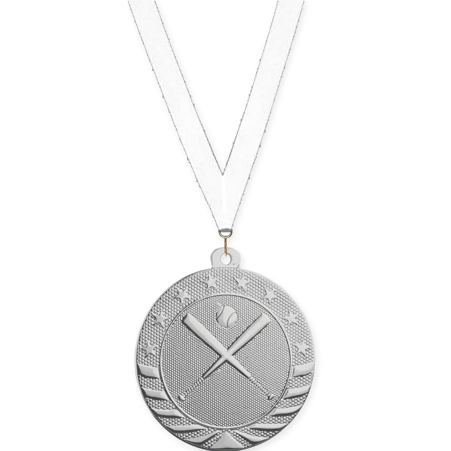 2 inch baseball and softball Starbrite medal in bright silver with White neck ribbon