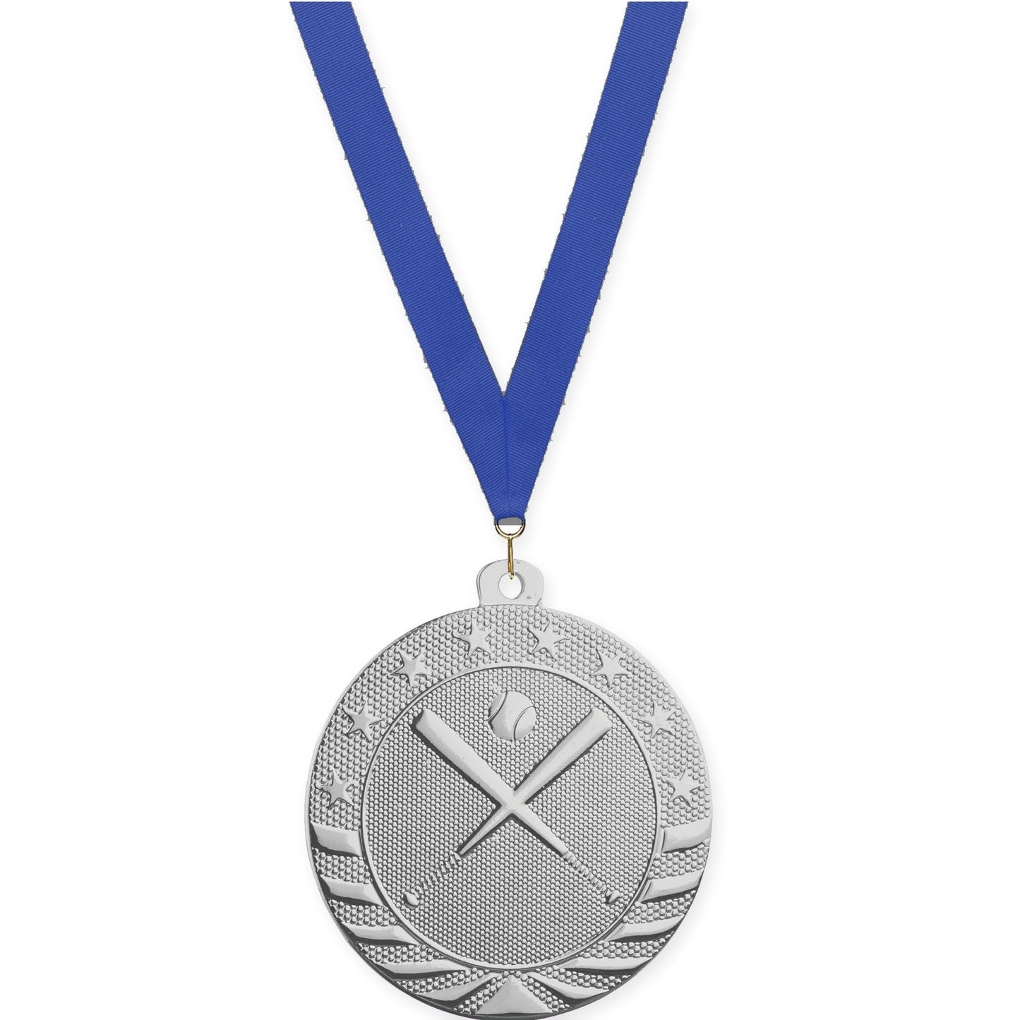 2 inch baseball and softball Starbrite medal in bright silver with Blue neck ribbon