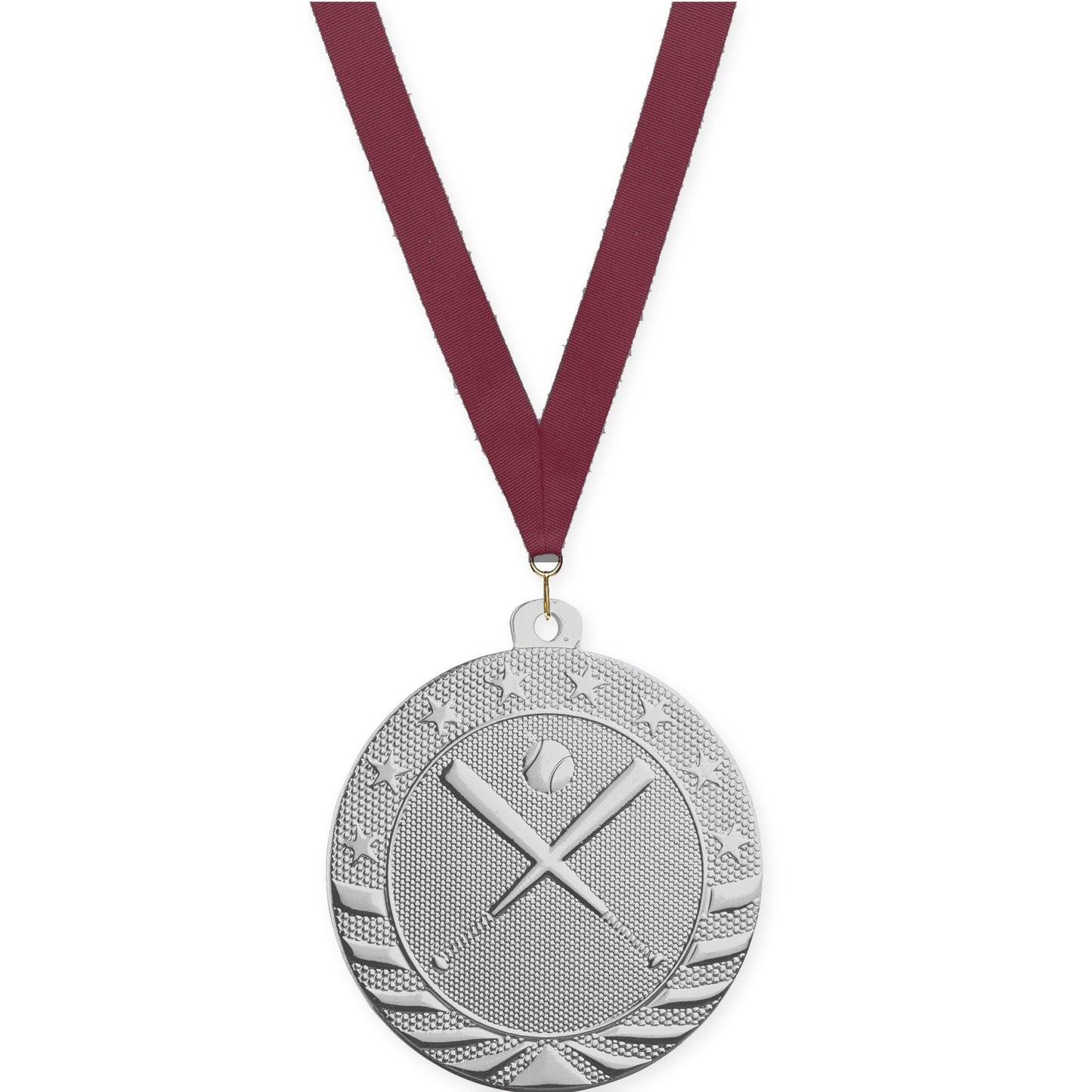 2 inch baseball and softball Starbrite medal in bright silver with Maroon neck ribbon