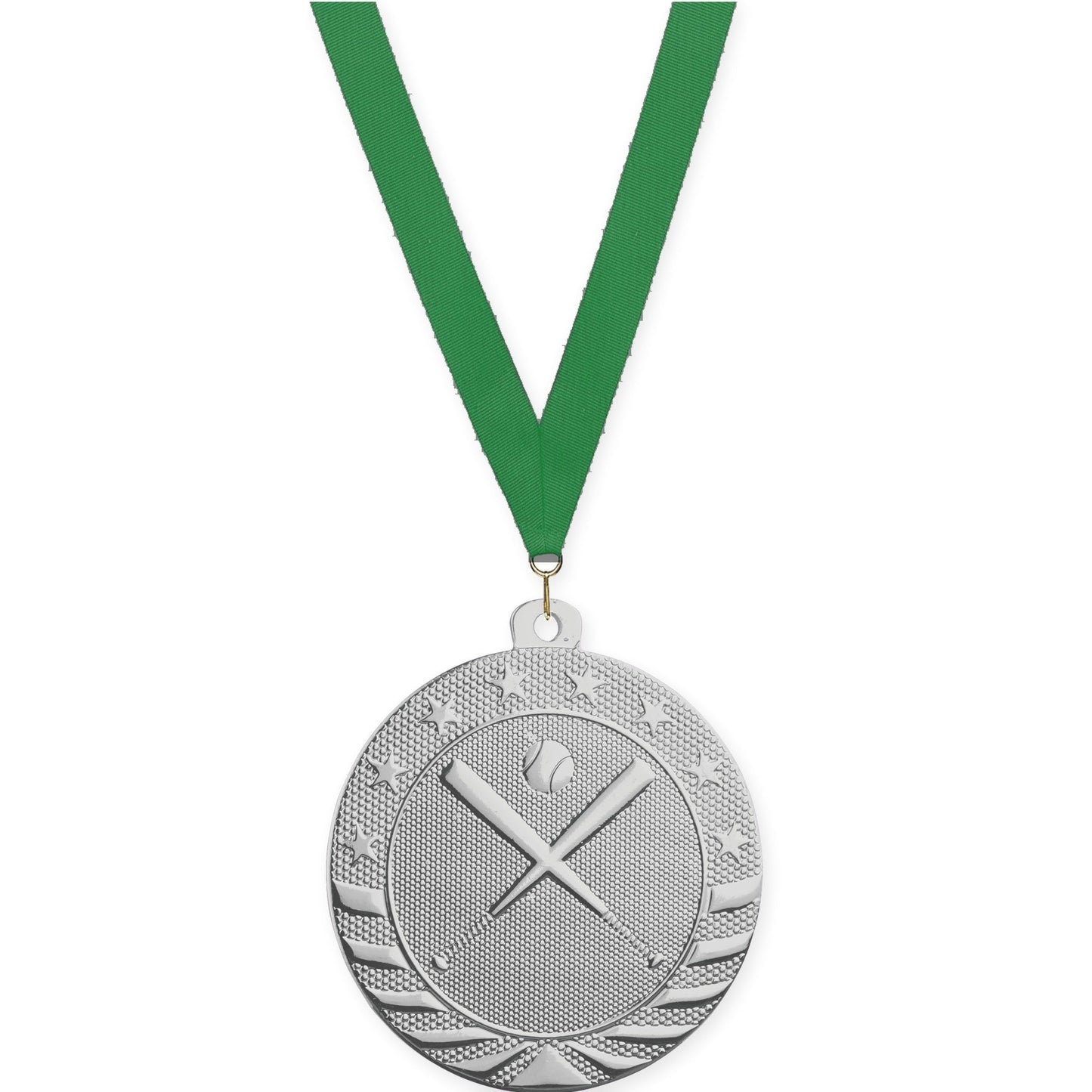 2 inch baseball and softball Starbrite medal in bright silver with Green neck ribbon