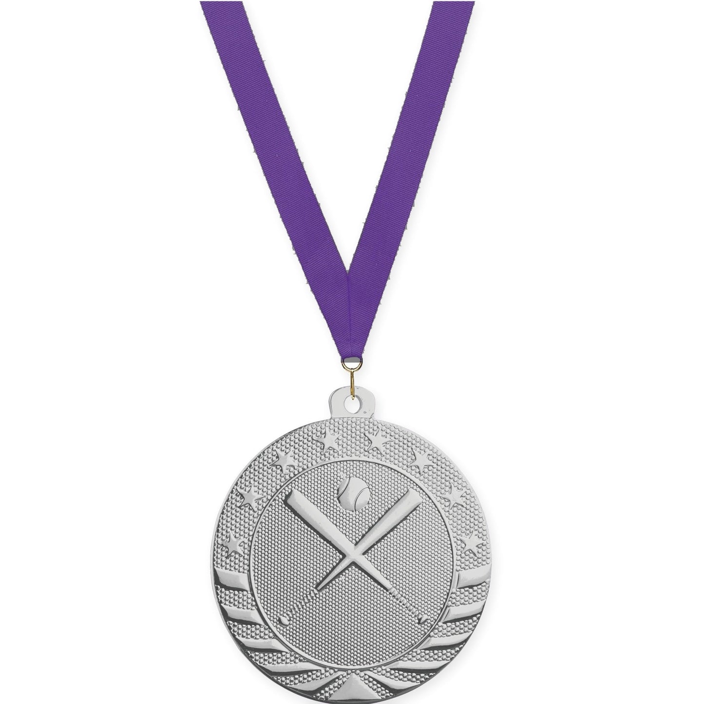 2 inch baseball and softball Starbrite medal in bright silver with Purple neck ribbon