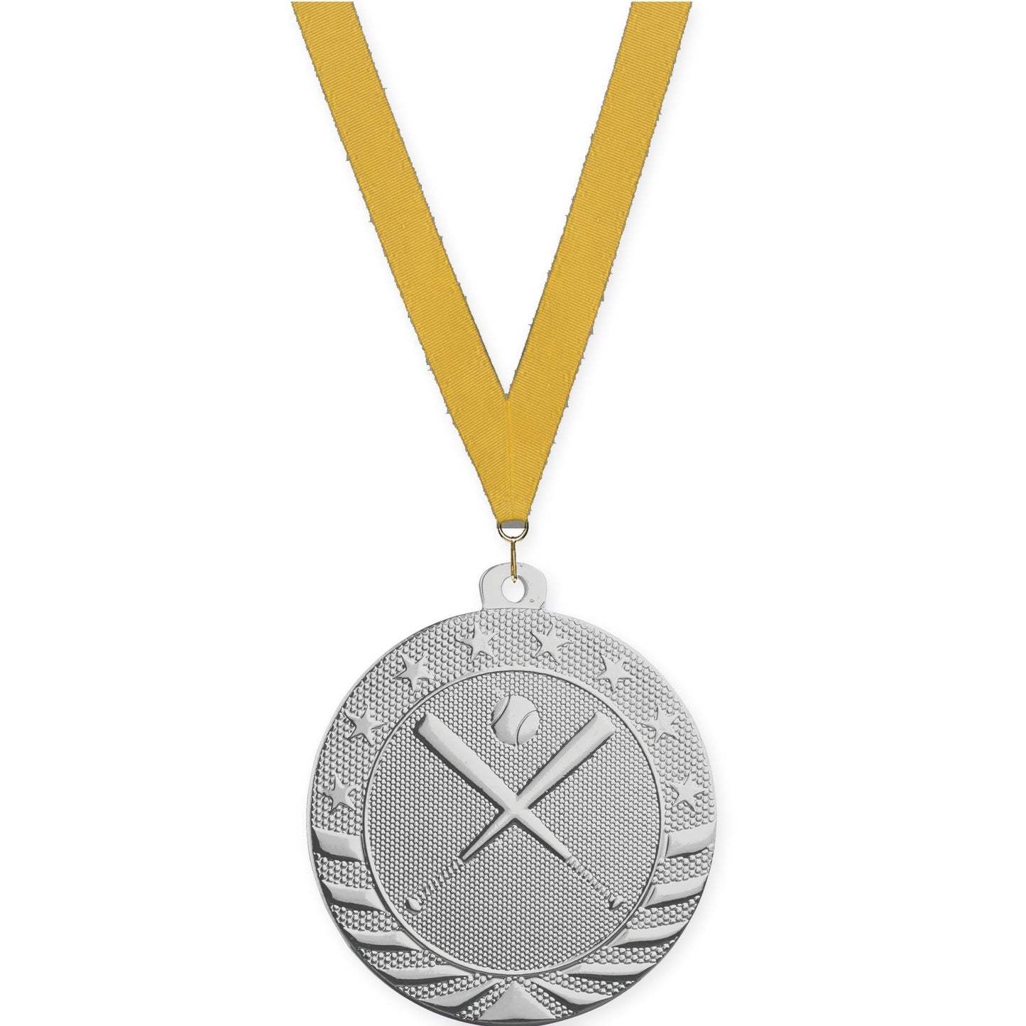 2 inch baseball and softball Starbrite medal in bright silver with Gold neck ribbon