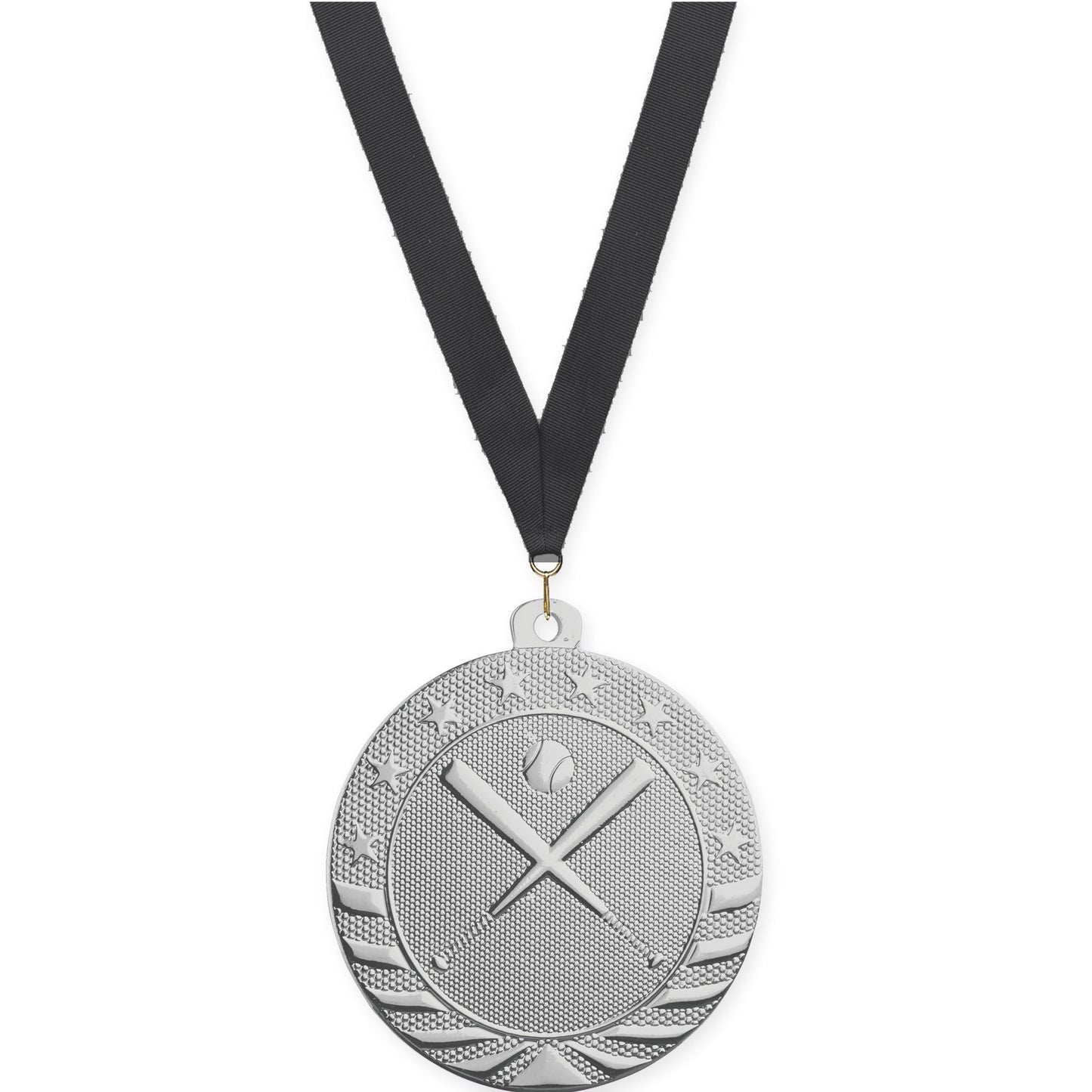 2 inch baseball and softball Starbrite medal in bright silver with Black neck ribbon