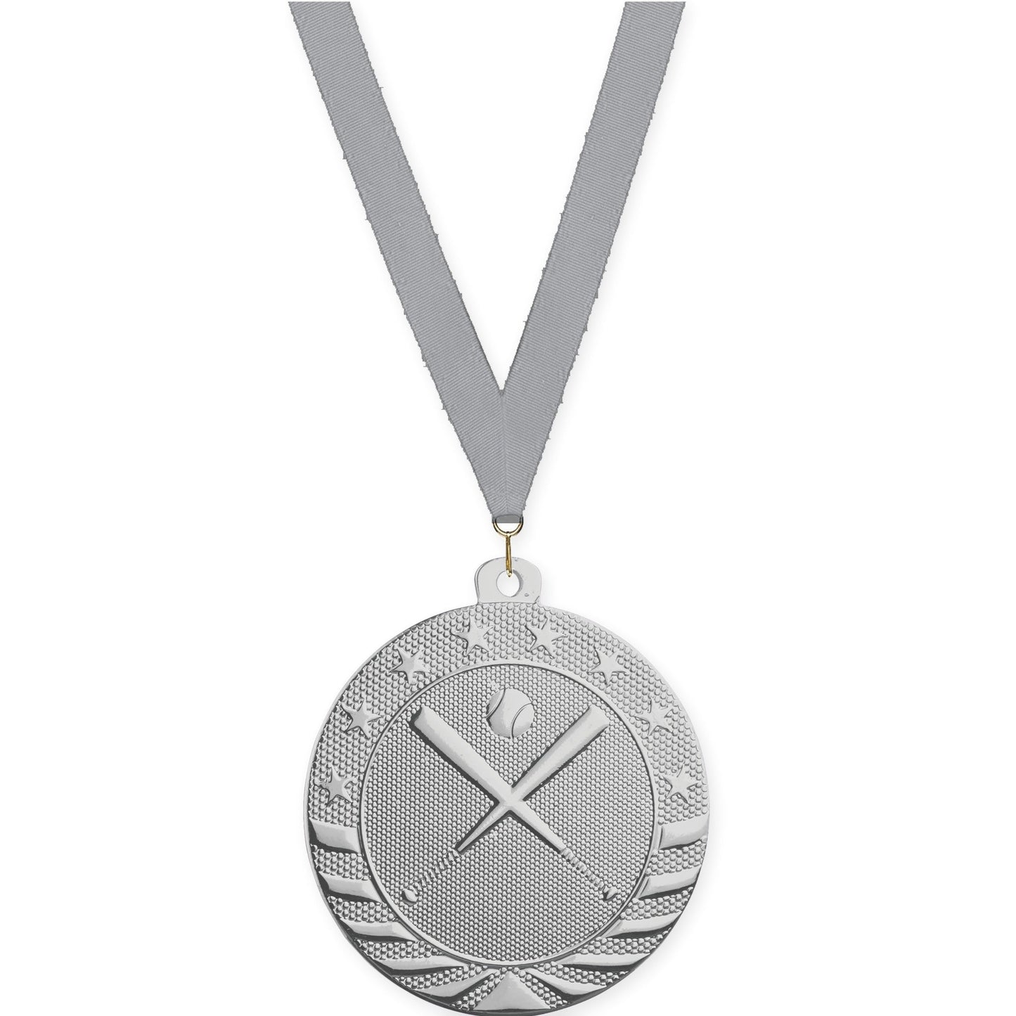 2 inch baseball and softball Starbrite medal in bright silver with Gray neck ribbon