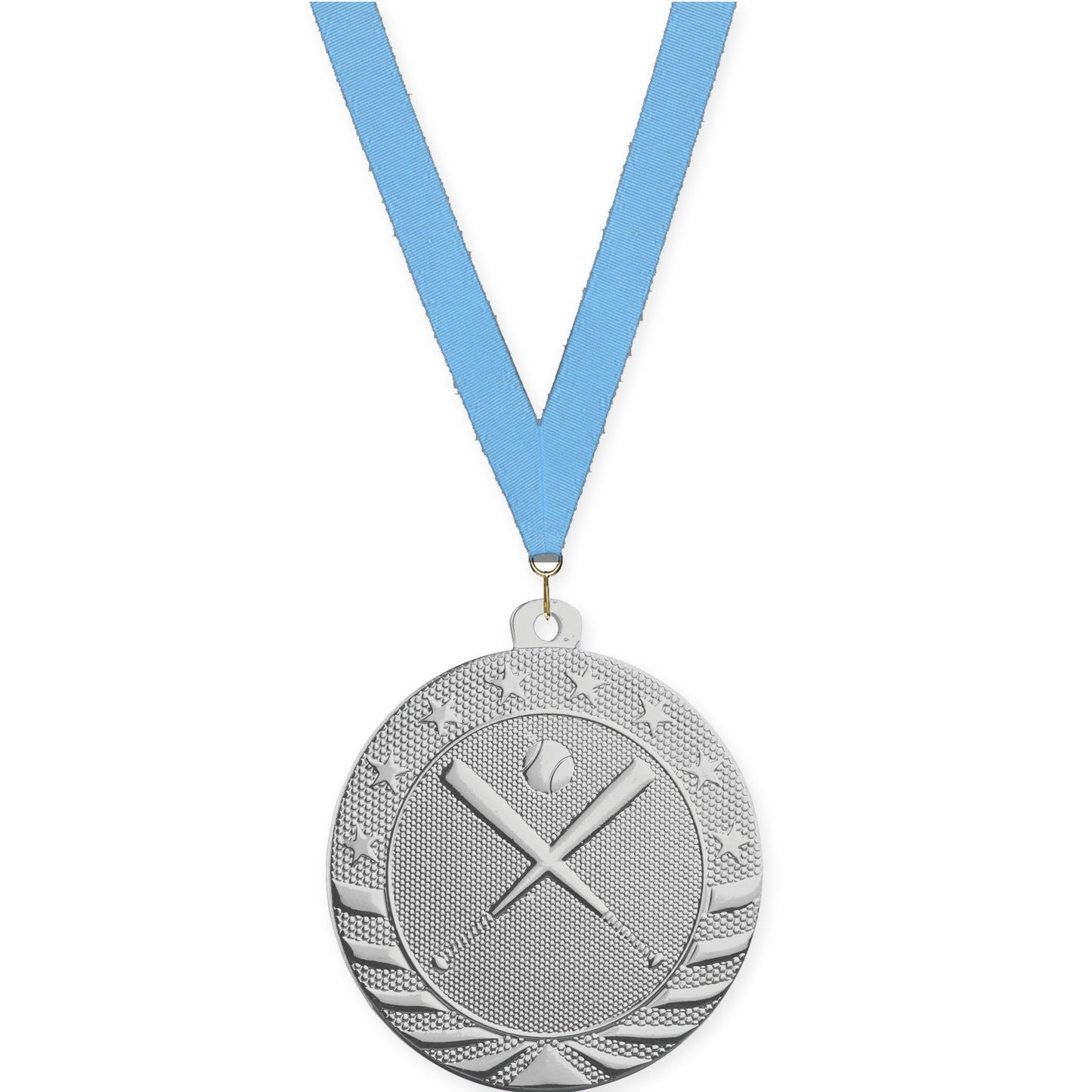 2 inch baseball and softball Starbrite medal in bright silver with Light Blue neck ribbon