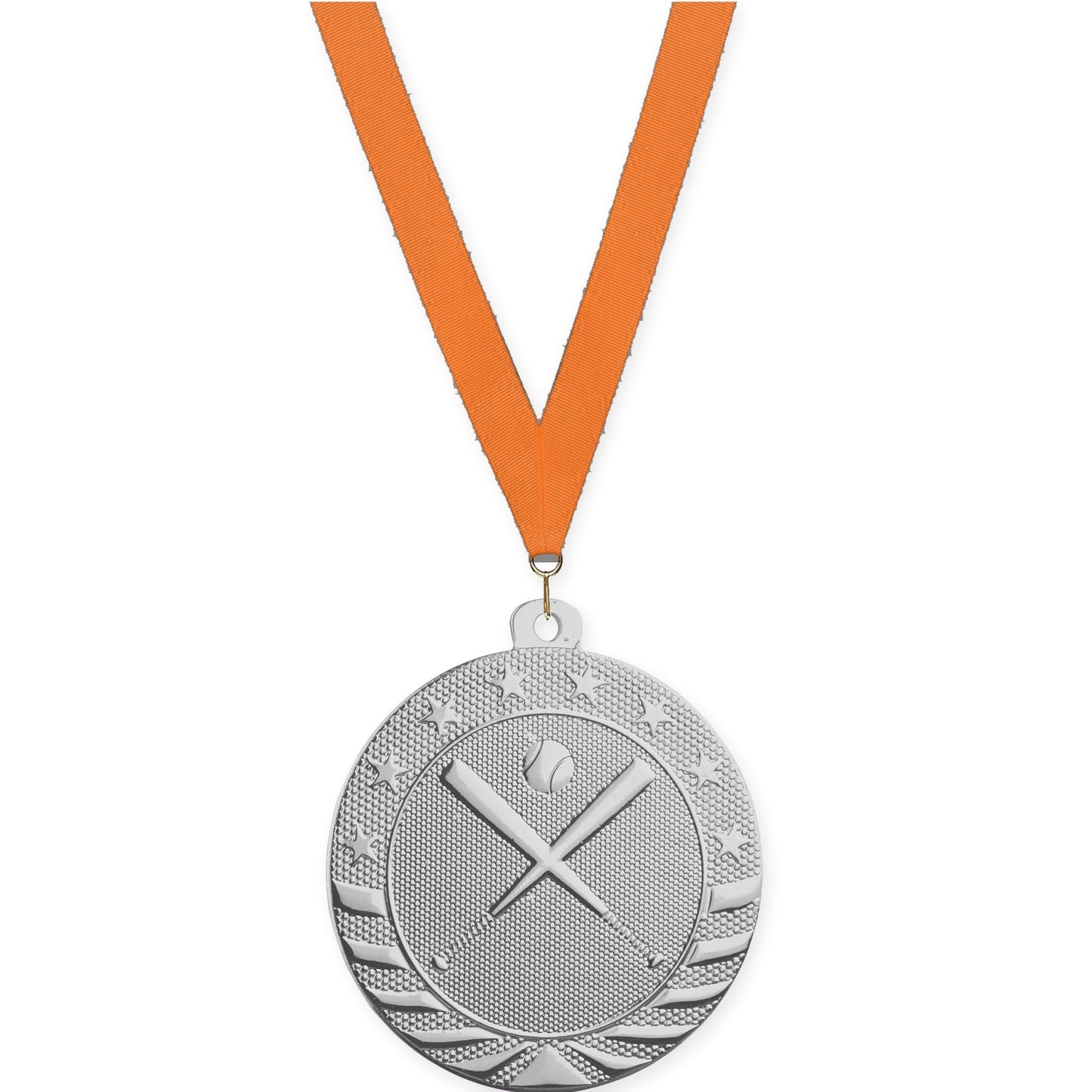 2 inch baseball and softball Starbrite medal in bright silver with Orange neck ribbon