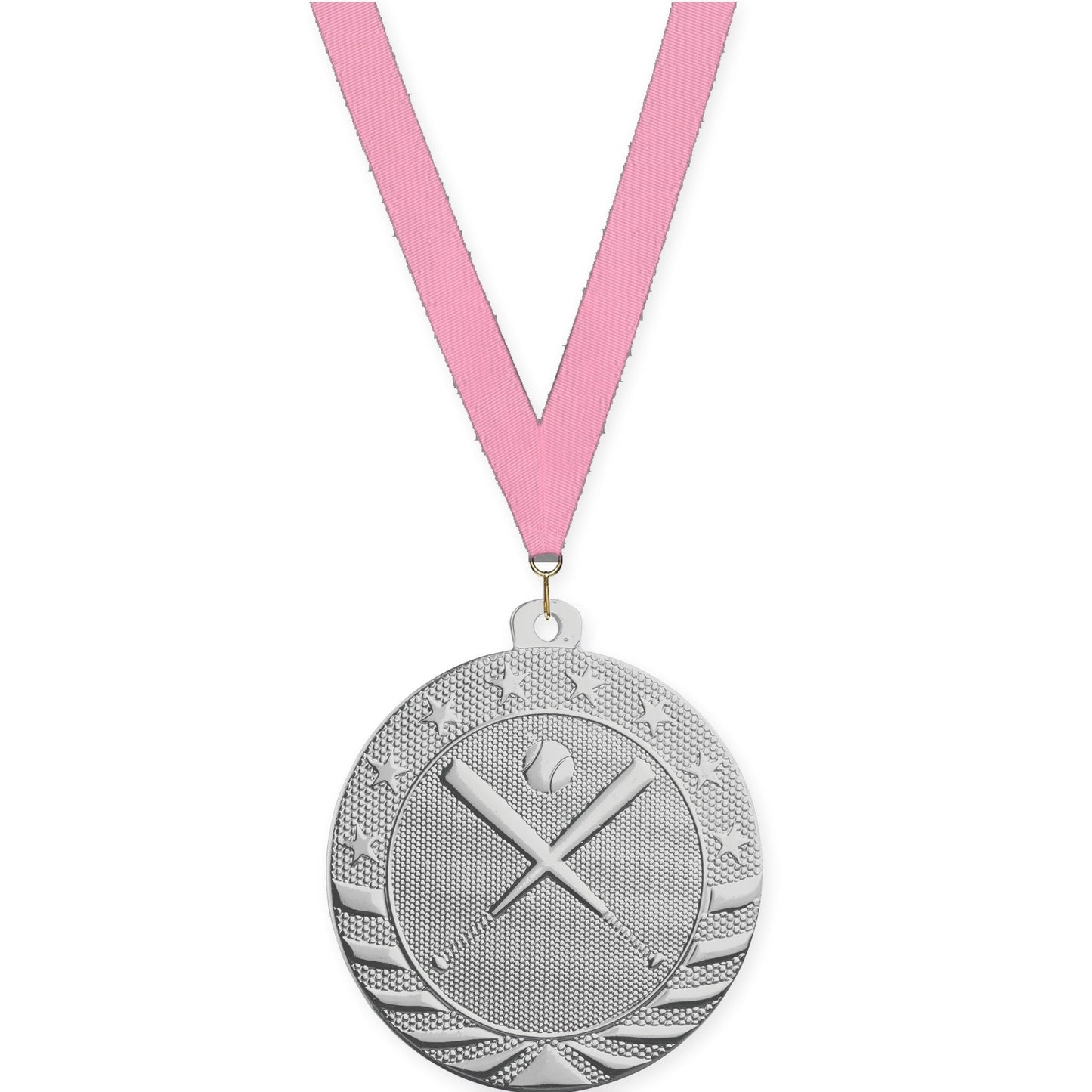 2 inch baseball and softball Starbrite medal in bright silver with Pink neck ribbon