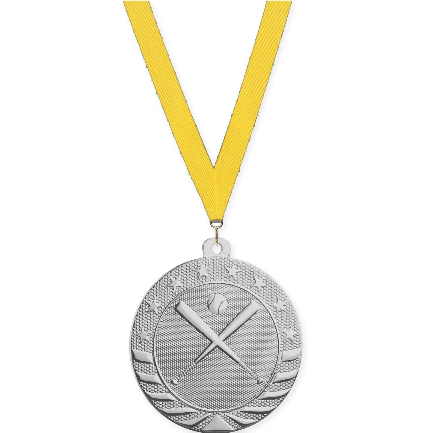 2 inch baseball and softball Starbrite medal in bright silver with Yellow neck ribbon