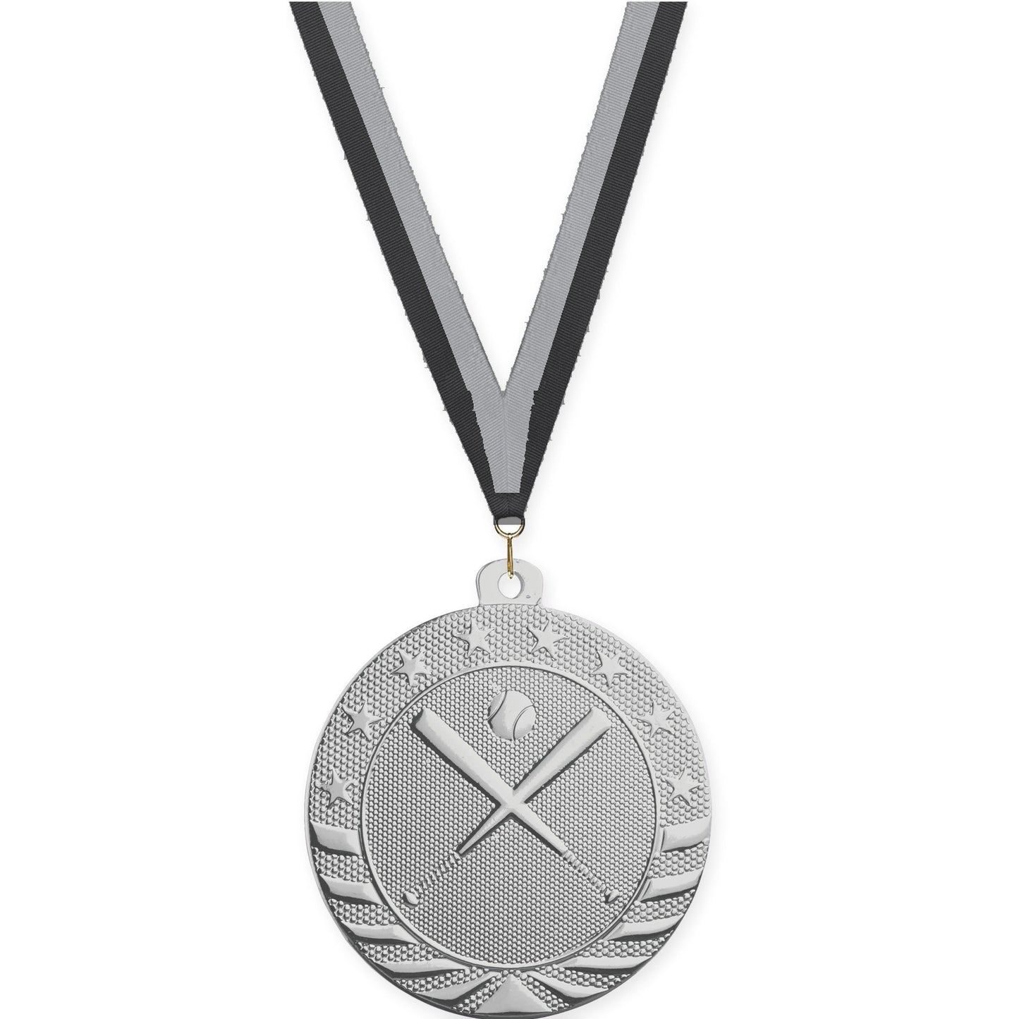 2 inch baseball and softball Starbrite medal in bright silver with Black Gray neck ribbon