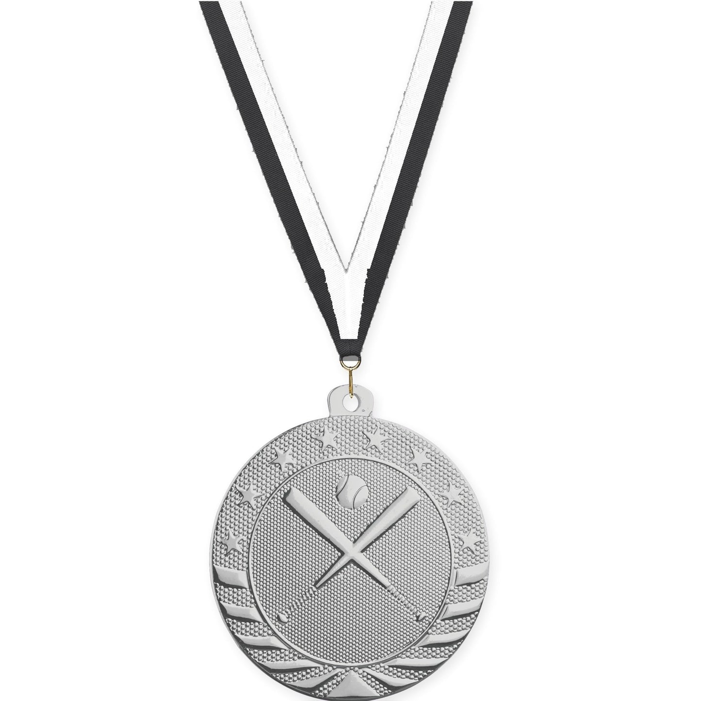 2 inch baseball and softball Starbrite medal in bright silver with Black White neck ribbon