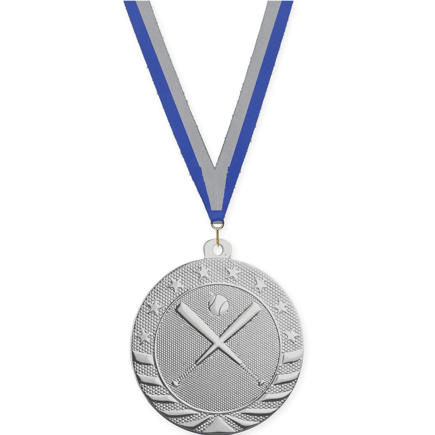2 inch baseball and softball Starbrite medal in bright silver with Blue Gray neck ribbon