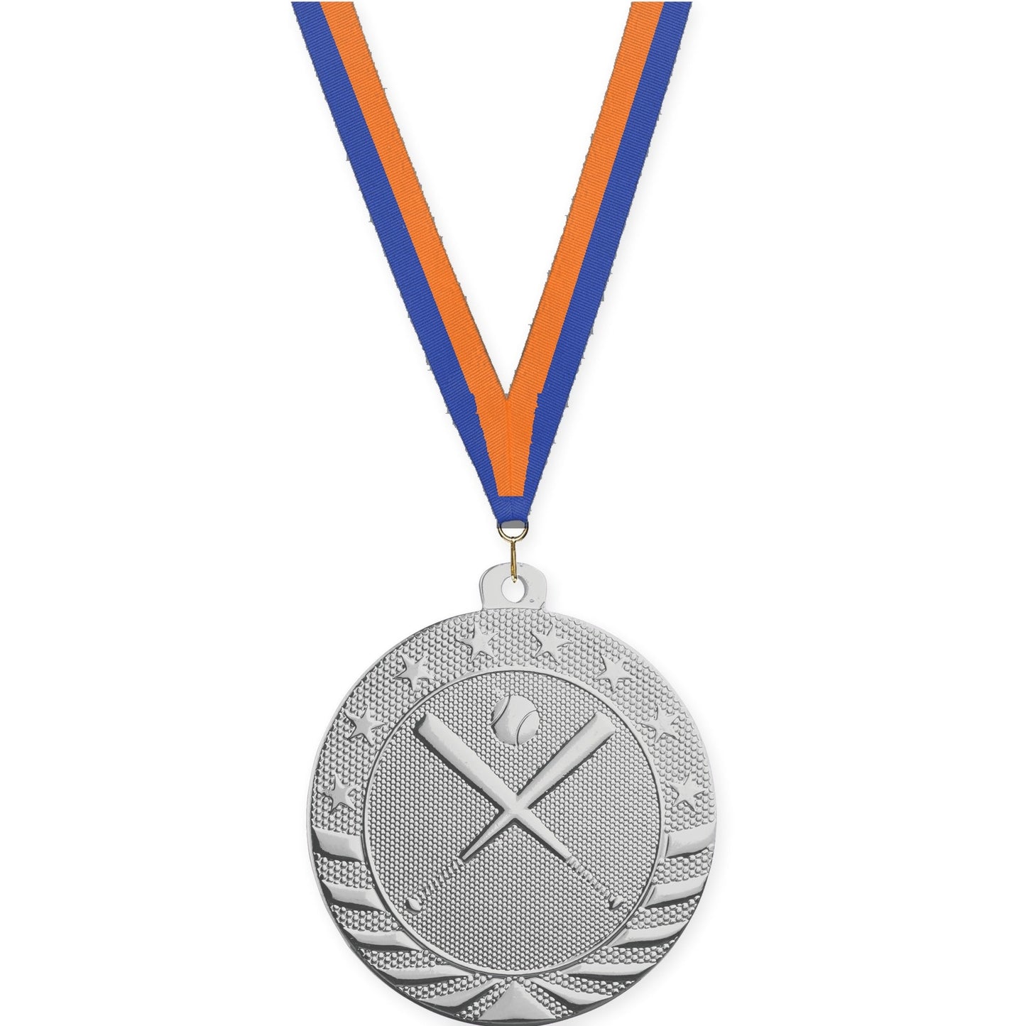 2 inch baseball and softball Starbrite medal in bright silver with Blue Orange neck ribbon