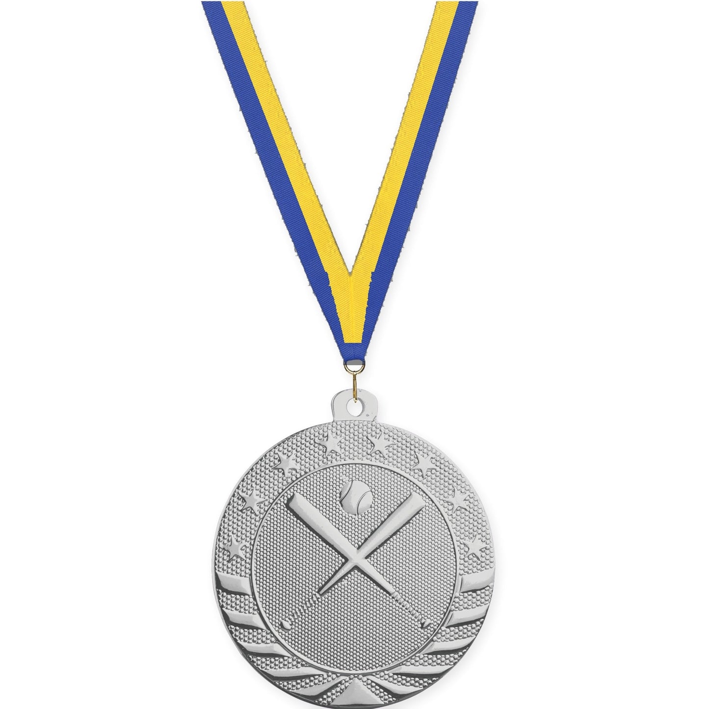 2 inch baseball and softball Starbrite medal in bright silver with Blue Yellow neck ribbon