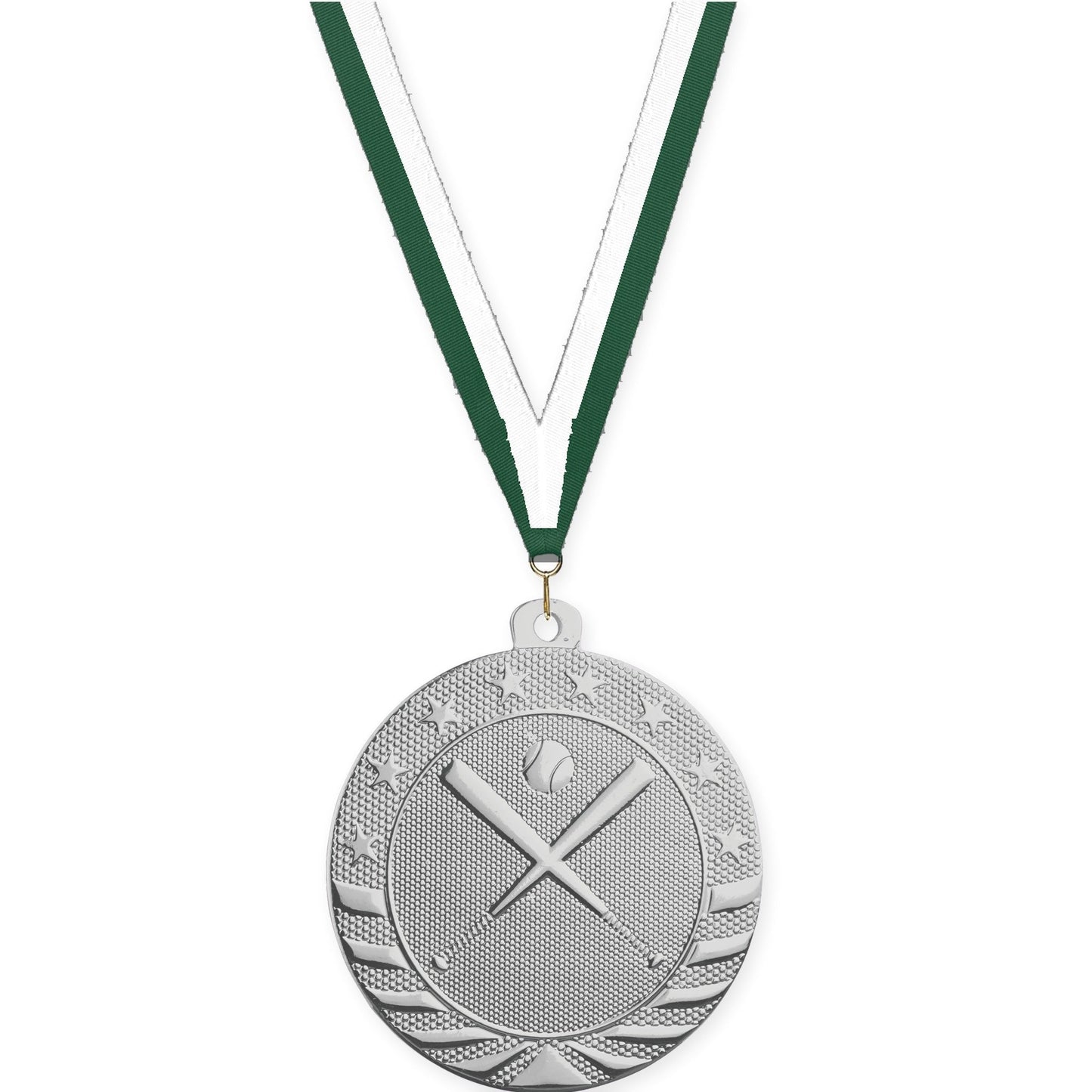2 inch baseball and softball Starbrite medal in bright silver with Hunter Green White neck ribbon