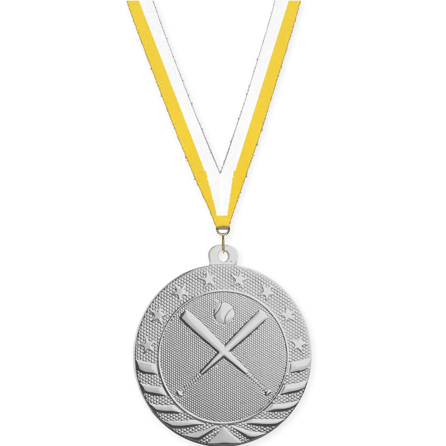 2 inch baseball and softball Starbrite medal in bright silver with Yellow White neck ribbon