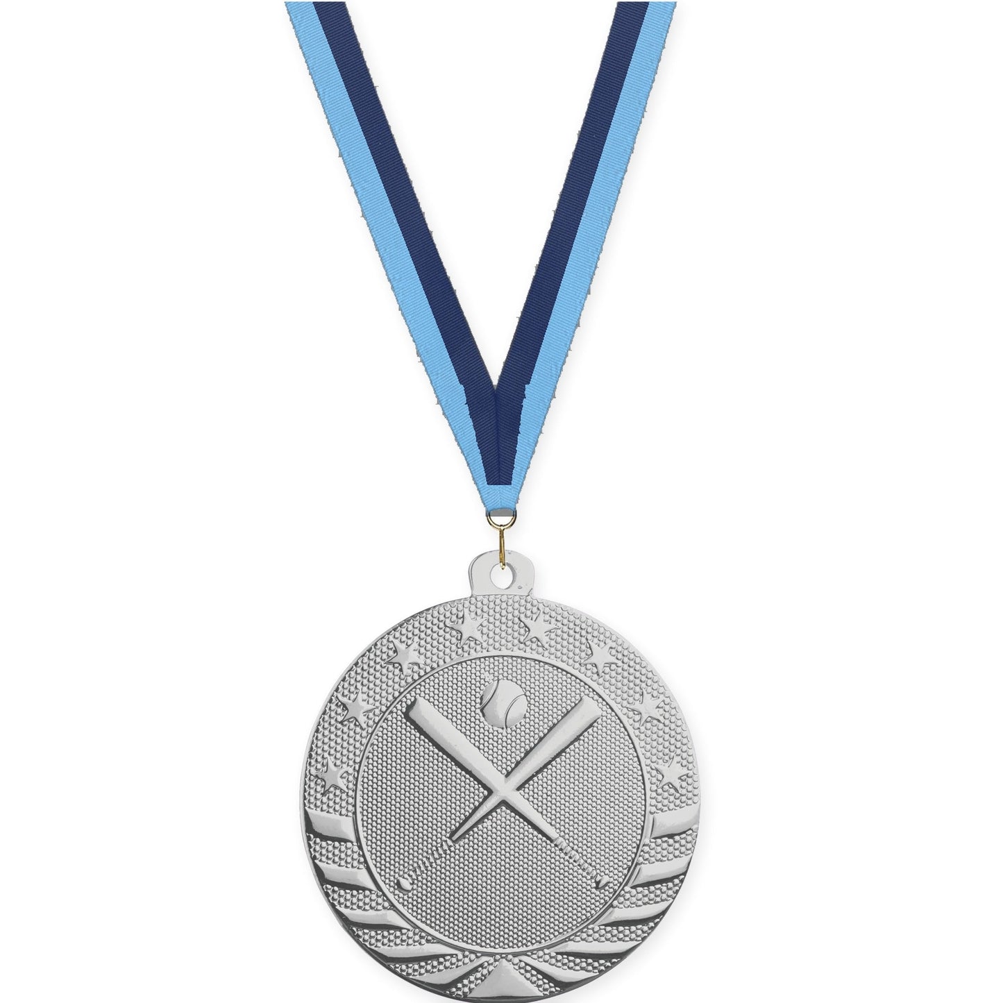 2 inch baseball and softball Starbrite medal in bright silver with Light Blue Navy neck ribbon