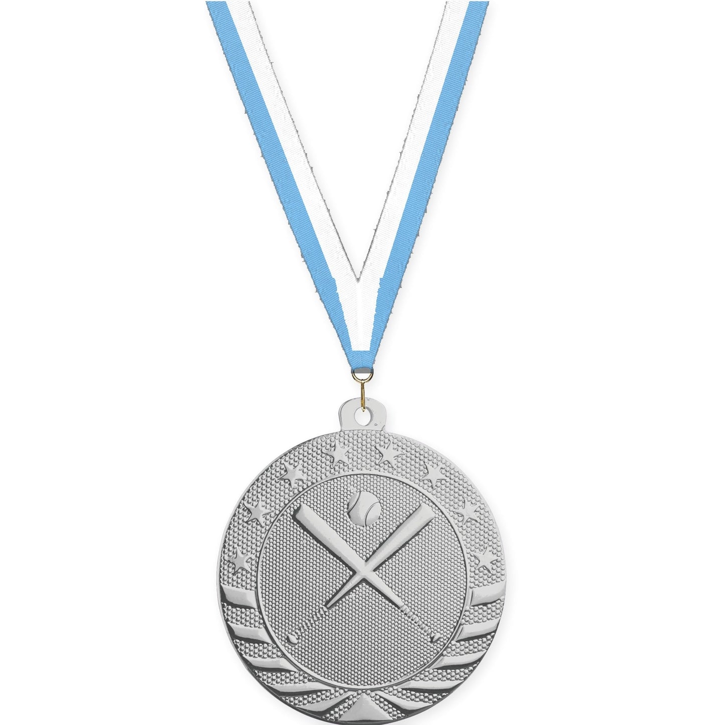 2 inch baseball and softball Starbrite medal in bright silver with Light Blue White neck ribbon