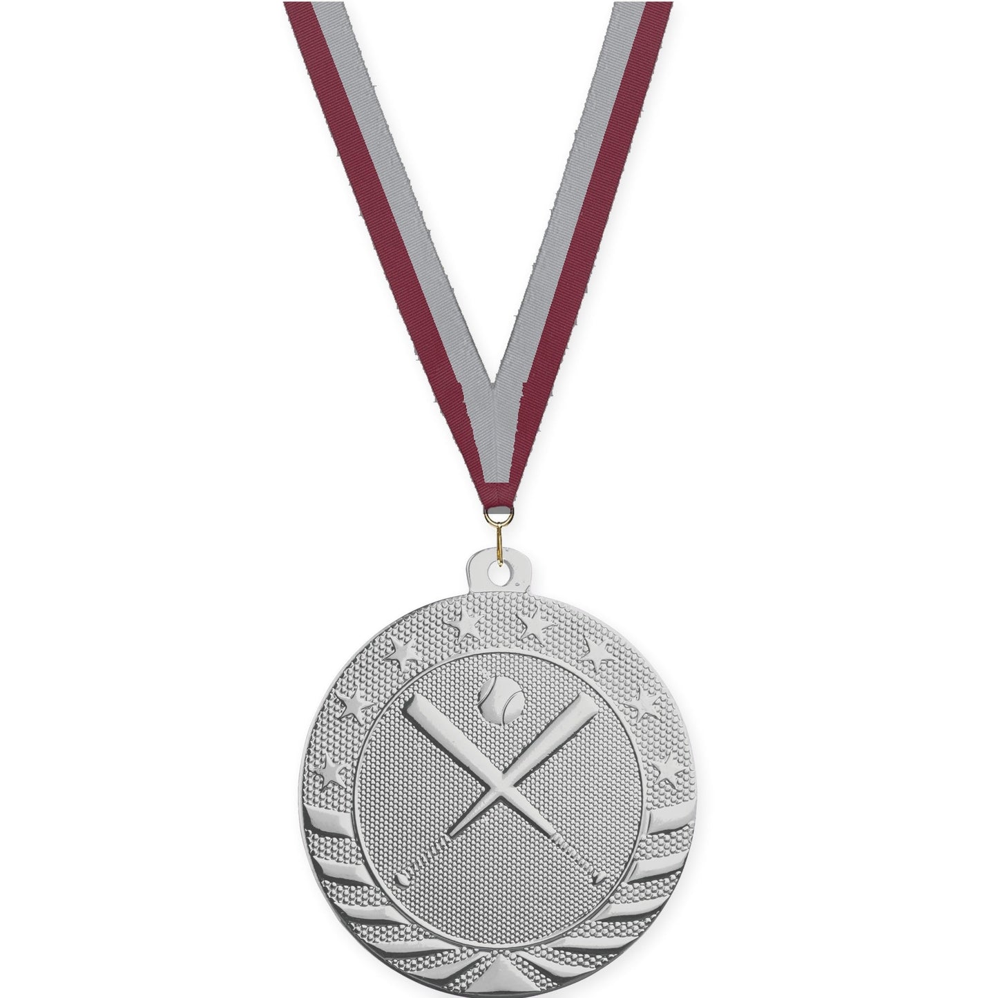 2 inch baseball and softball Starbrite medal in bright silver with Maroon Gray neck ribbon