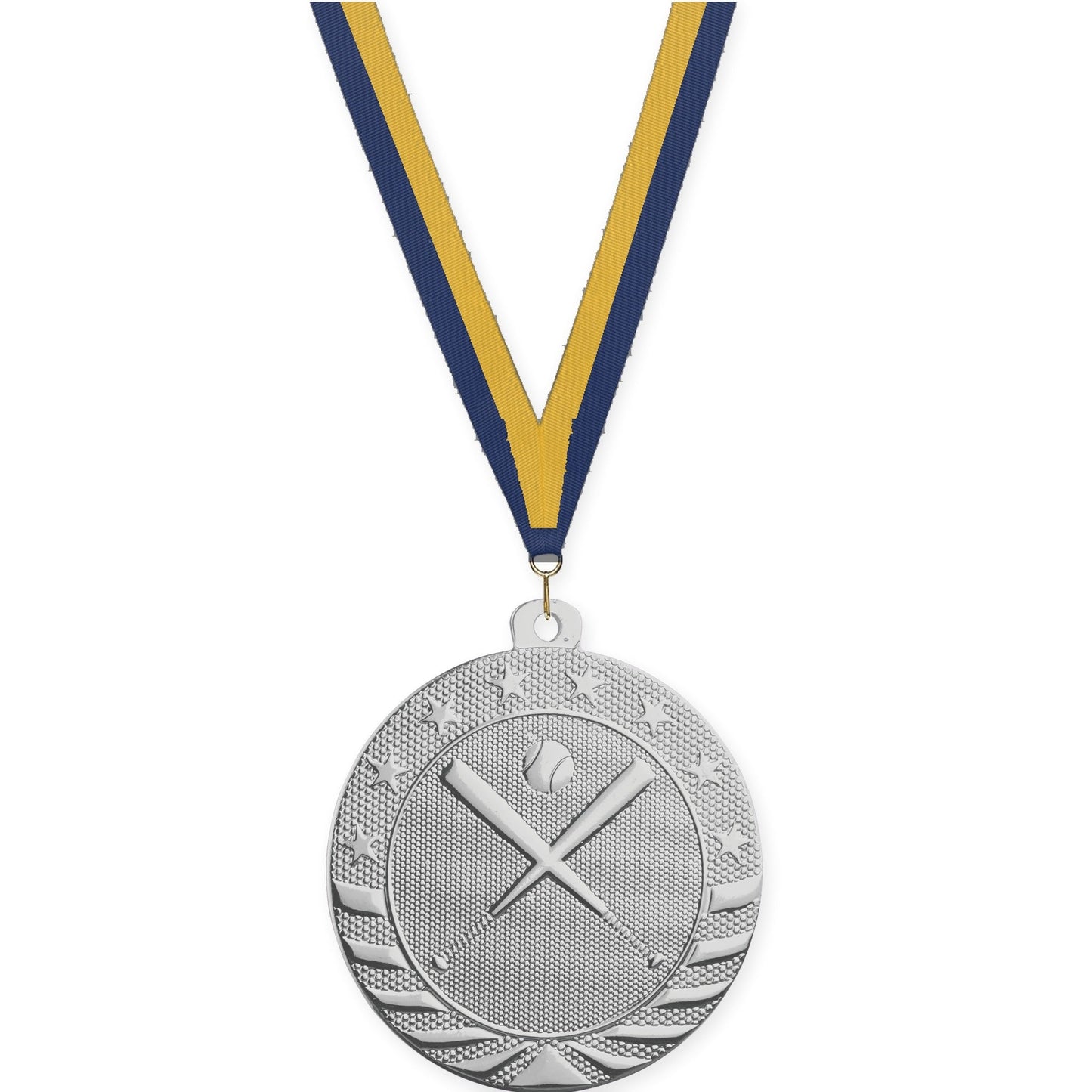 2 inch baseball and softball Starbrite medal in bright silver with Navy Gold neck ribbon