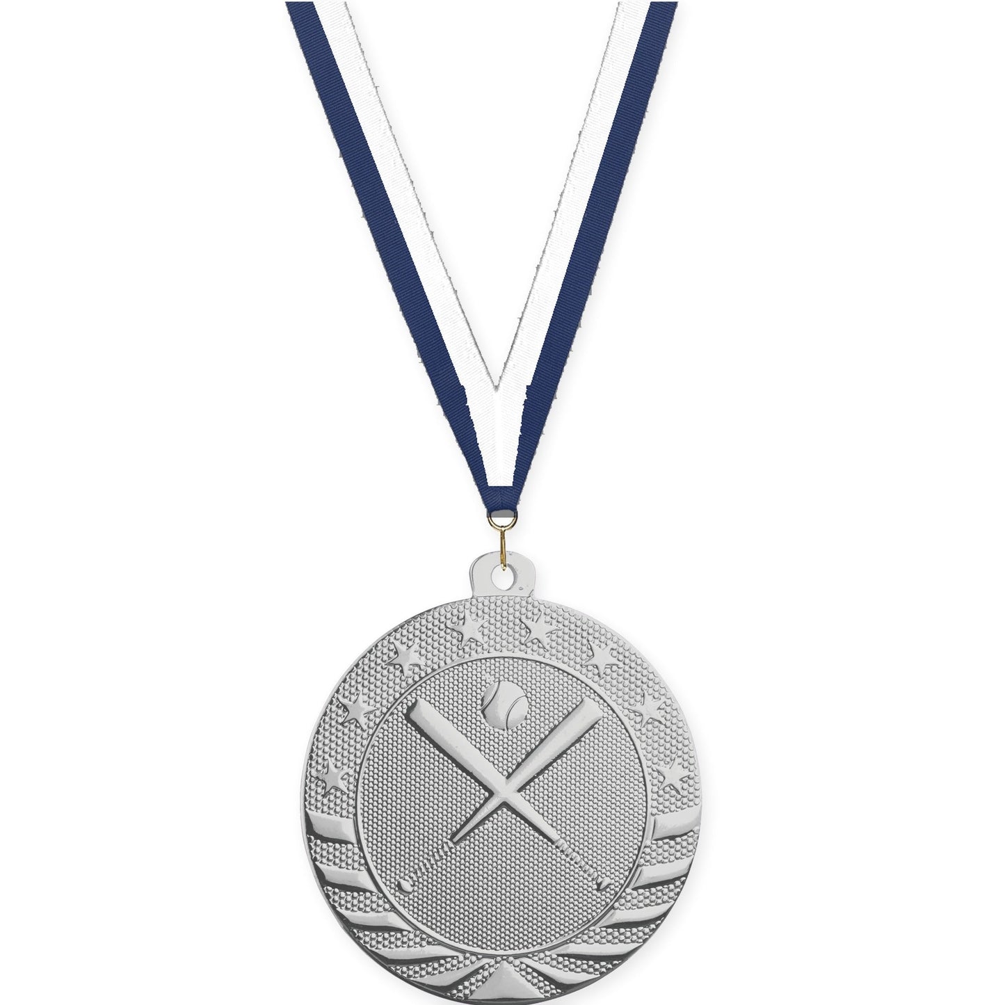 2 inch baseball and softball Starbrite medal in bright silver with Navy White neck ribbon