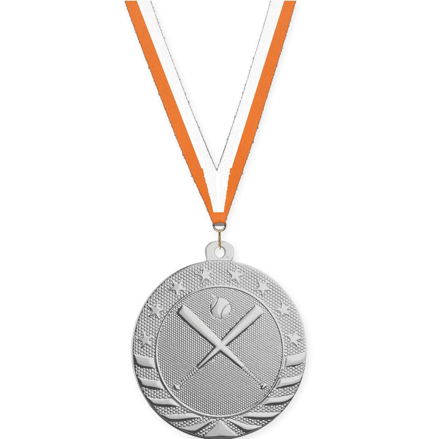 2 inch baseball and softball Starbrite medal in bright silver with Orange White neck ribbon