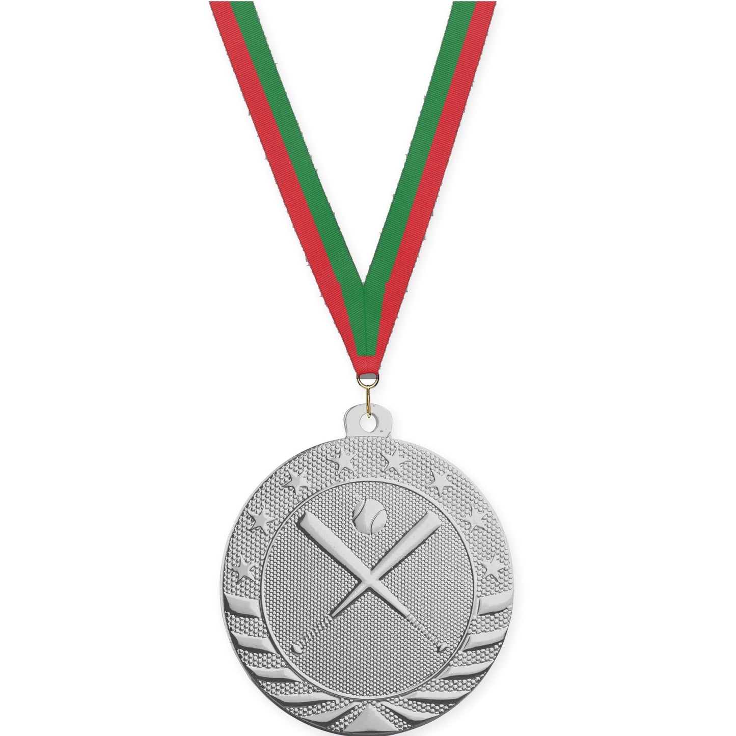 2 inch baseball and softball Starbrite medal in bright silver with Red Green neck ribbon