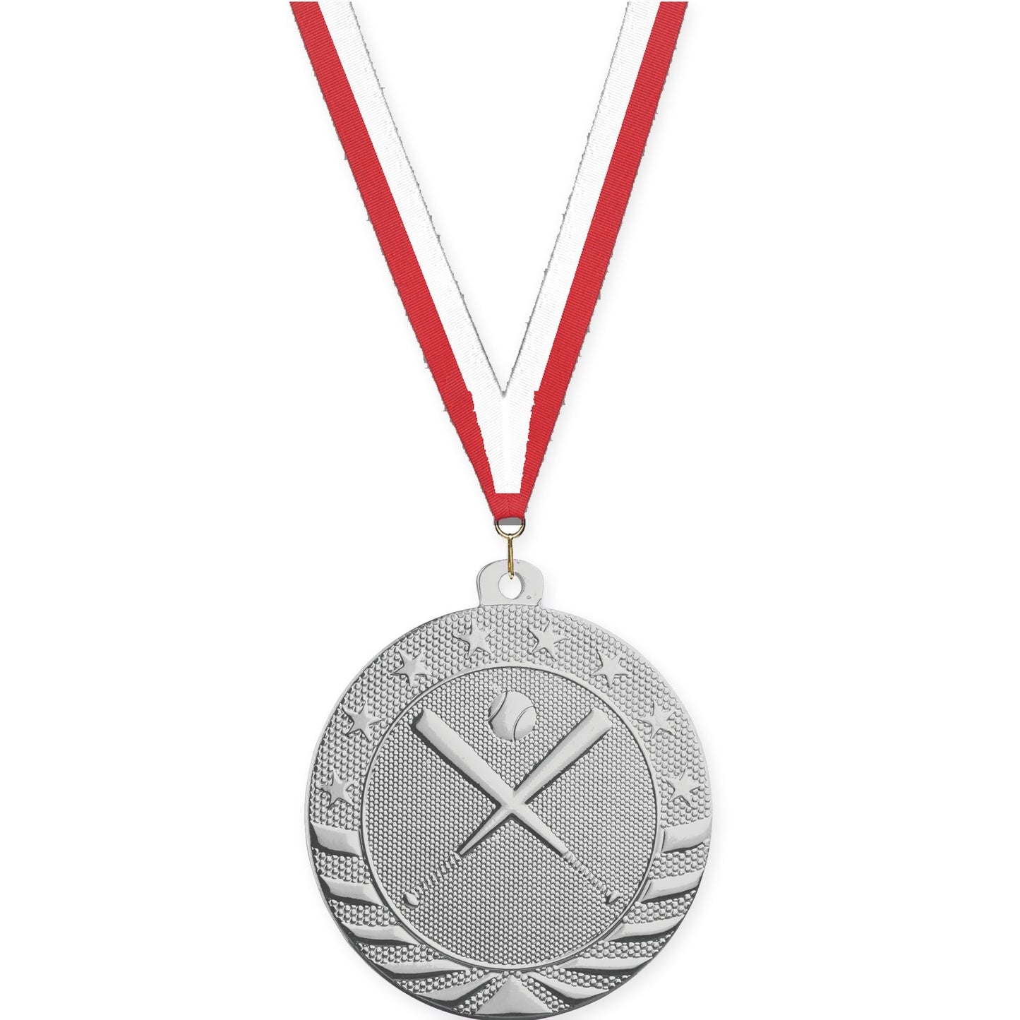 2 inch baseball and softball Starbrite medal in bright silver with Red White neck ribbon