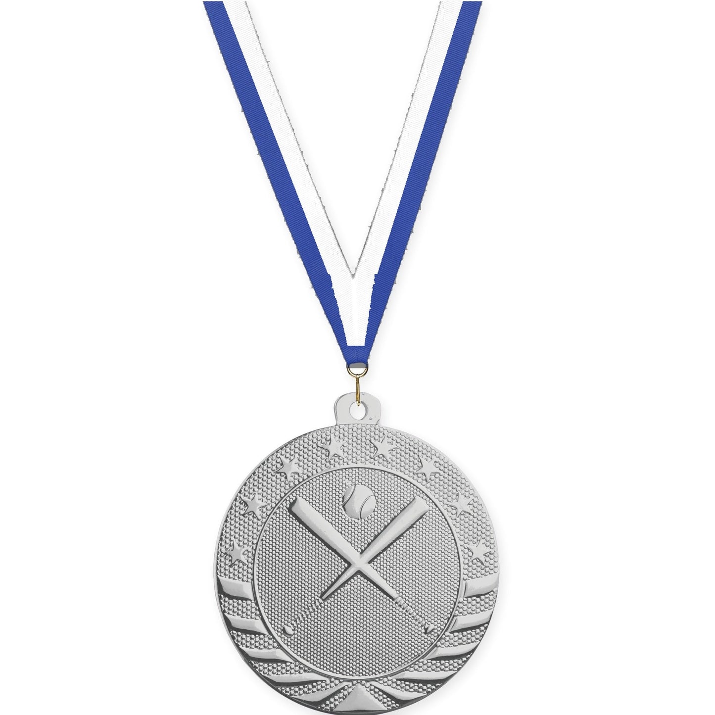 2 inch baseball and softball Starbrite medal in bright silver with Blue White neck ribbon
