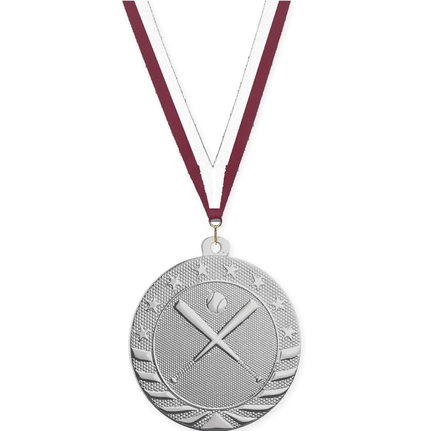 2 inch baseball and softball Starbrite medal in bright silver with Maroon White neck ribbon