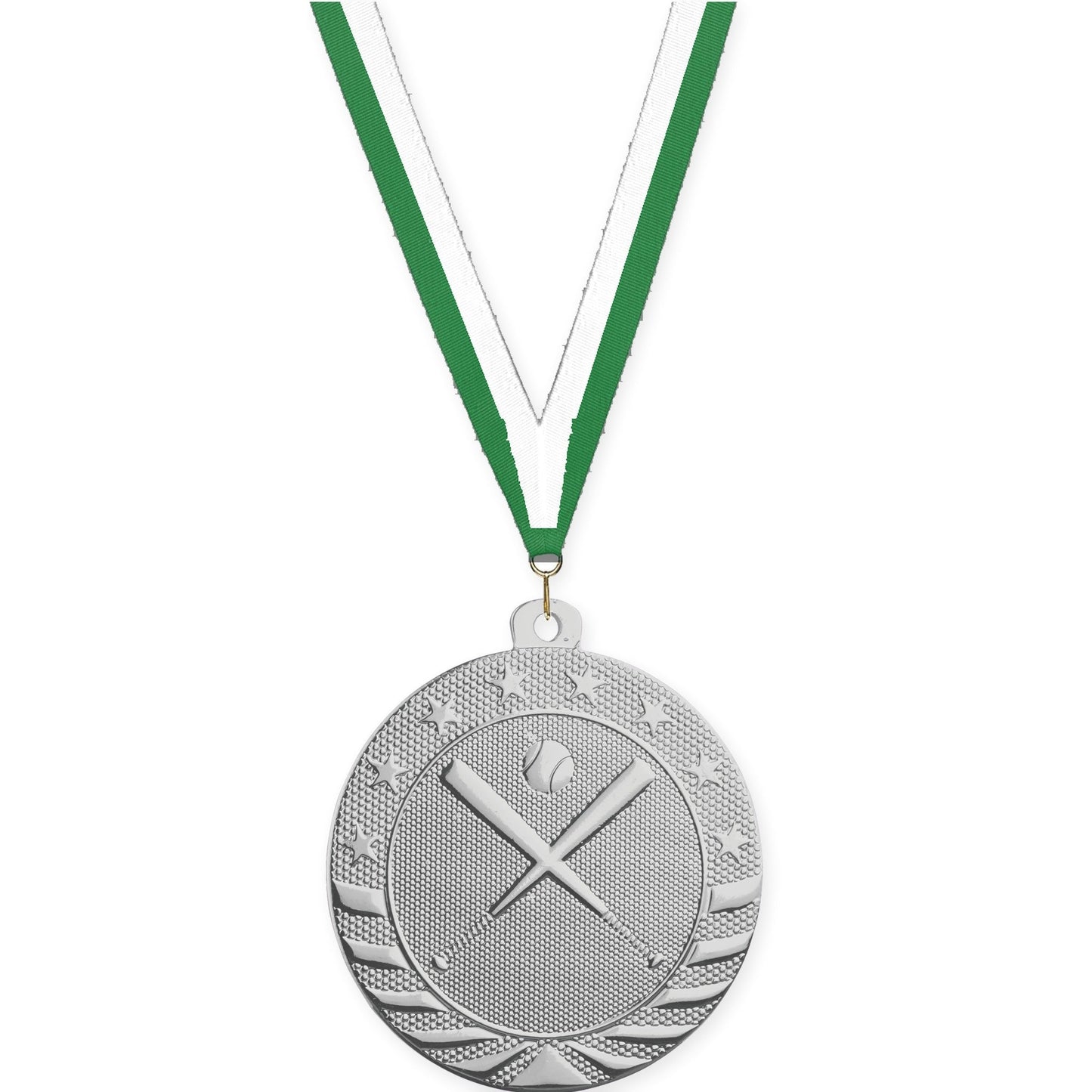 2 inch baseball and softball Starbrite medal in bright silver with Green White neck ribbon