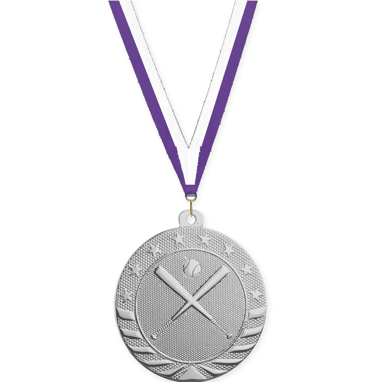 2 inch baseball and softball Starbrite medal in bright silver with Purple White neck ribbon