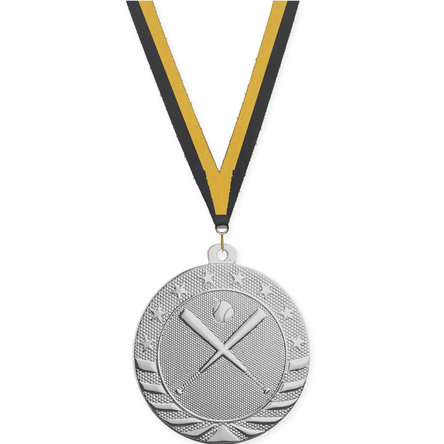 2 inch baseball and softball Starbrite medal in bright silver with Black Gold neck ribbon