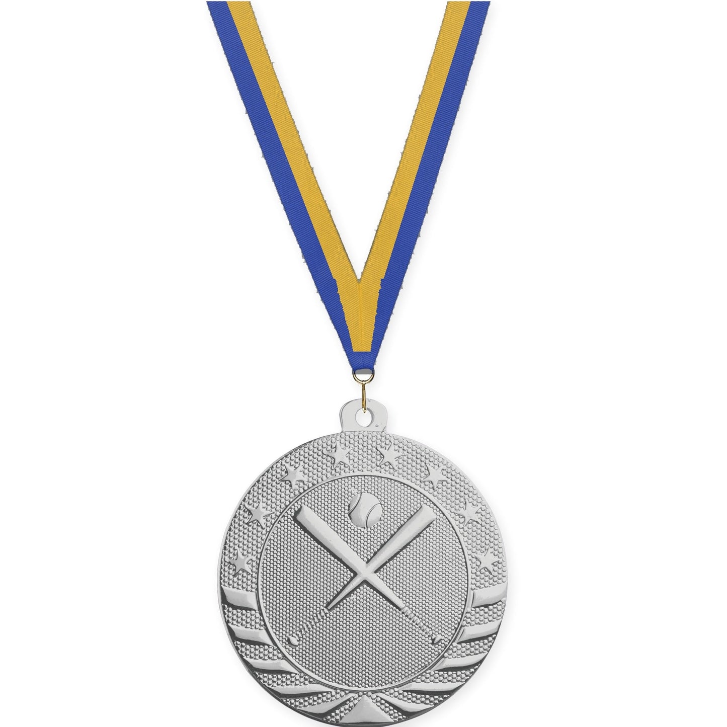 2 inch baseball and softball Starbrite medal in bright silver with Blue Gold neck ribbon
