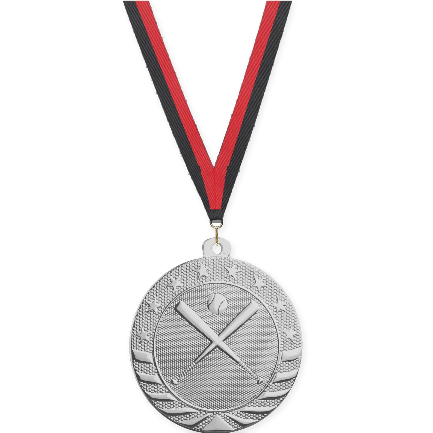 2 inch baseball and softball Starbrite medal in bright silver with Black Red neck ribbon