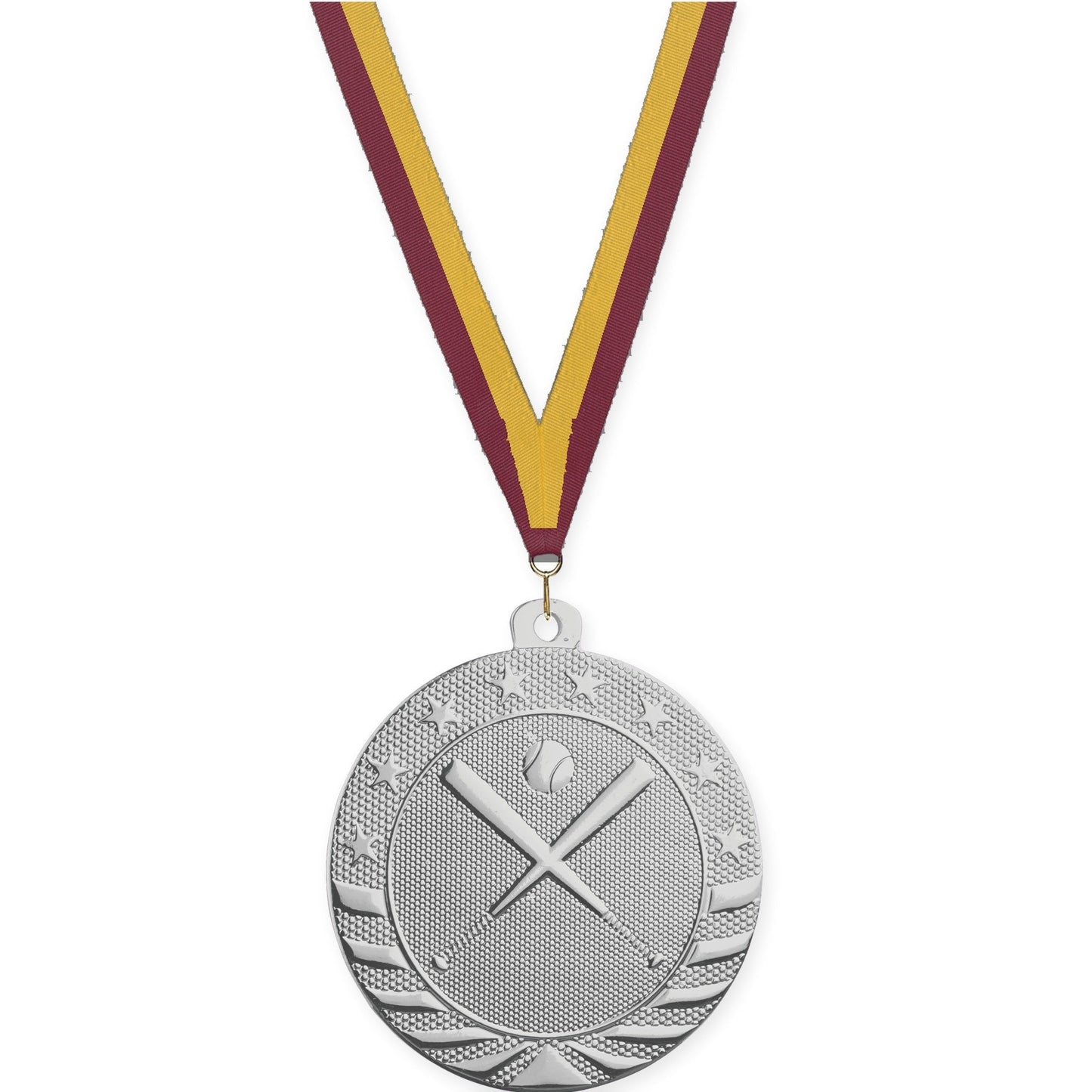 2 inch baseball and softball Starbrite medal in bright silver with Maroon Gold neck ribbon
