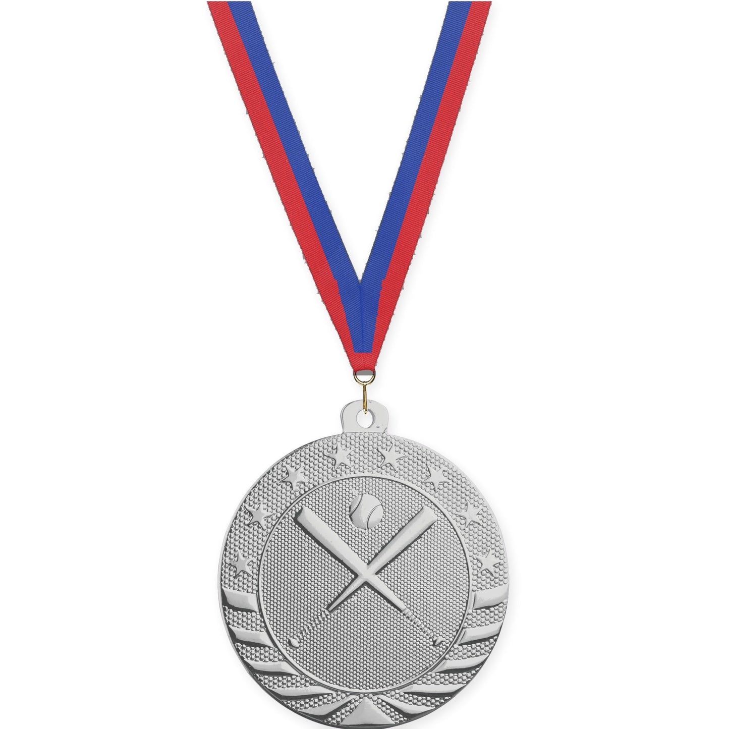 2 inch baseball and softball Starbrite medal in bright silver with Blue Red neck ribbon